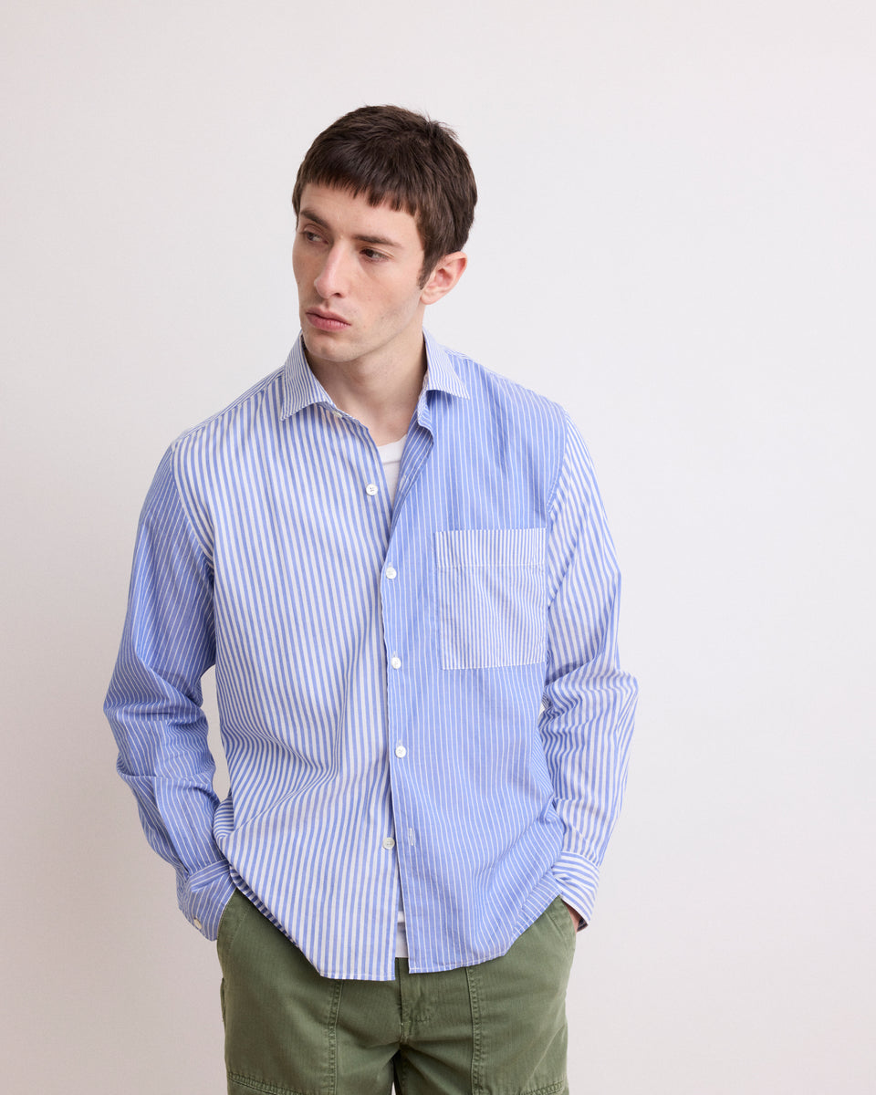 Patch Men's Blue & White Striped End-On-End Patchwork Shirt - Image alternative