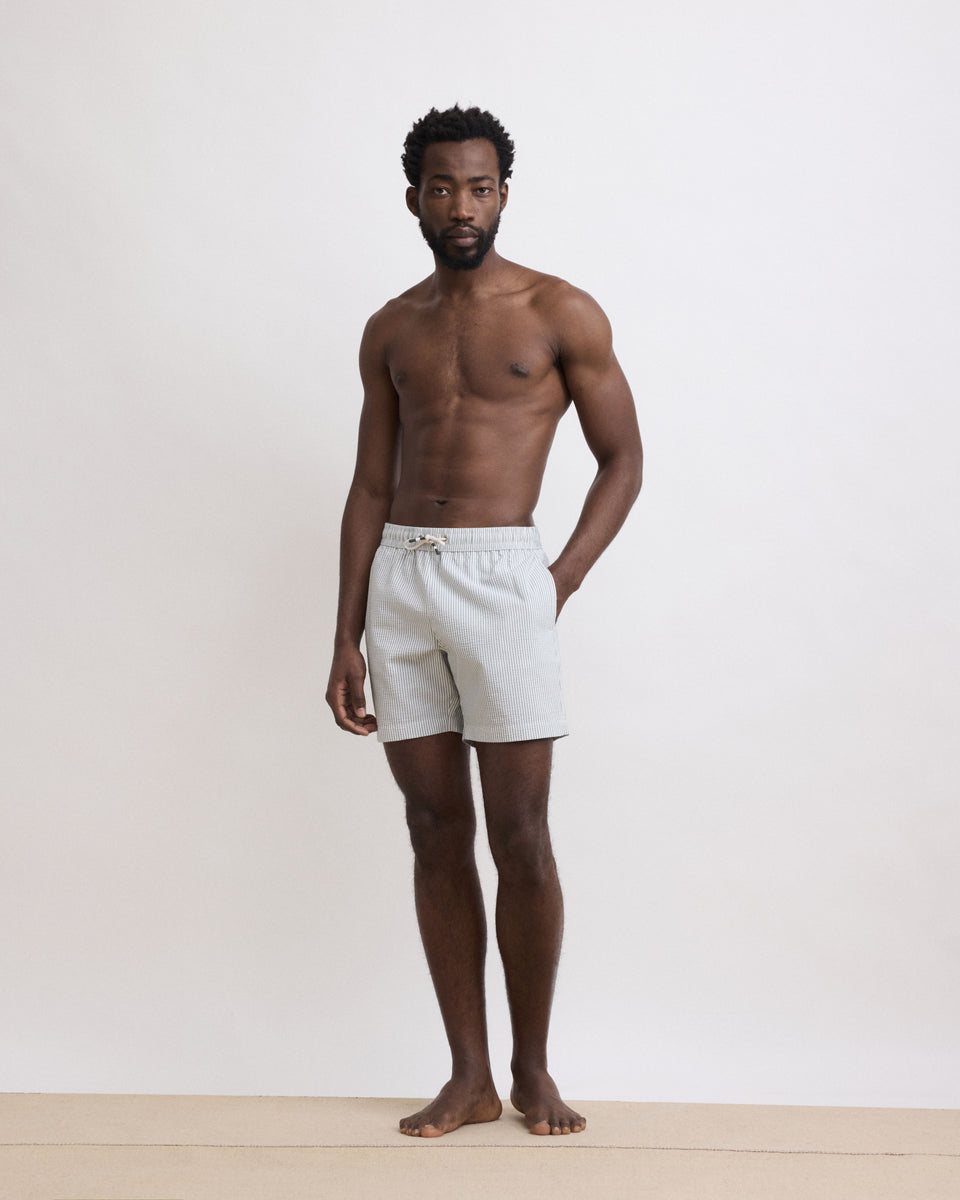 Men's Seersucker Military Green Swim Trunks - Image alternative