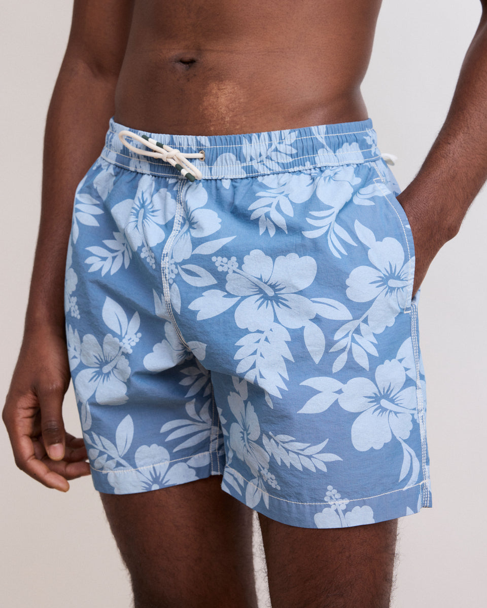 Men's Denim Blue Hibiscus Printed Swim Trunks - Image alternative