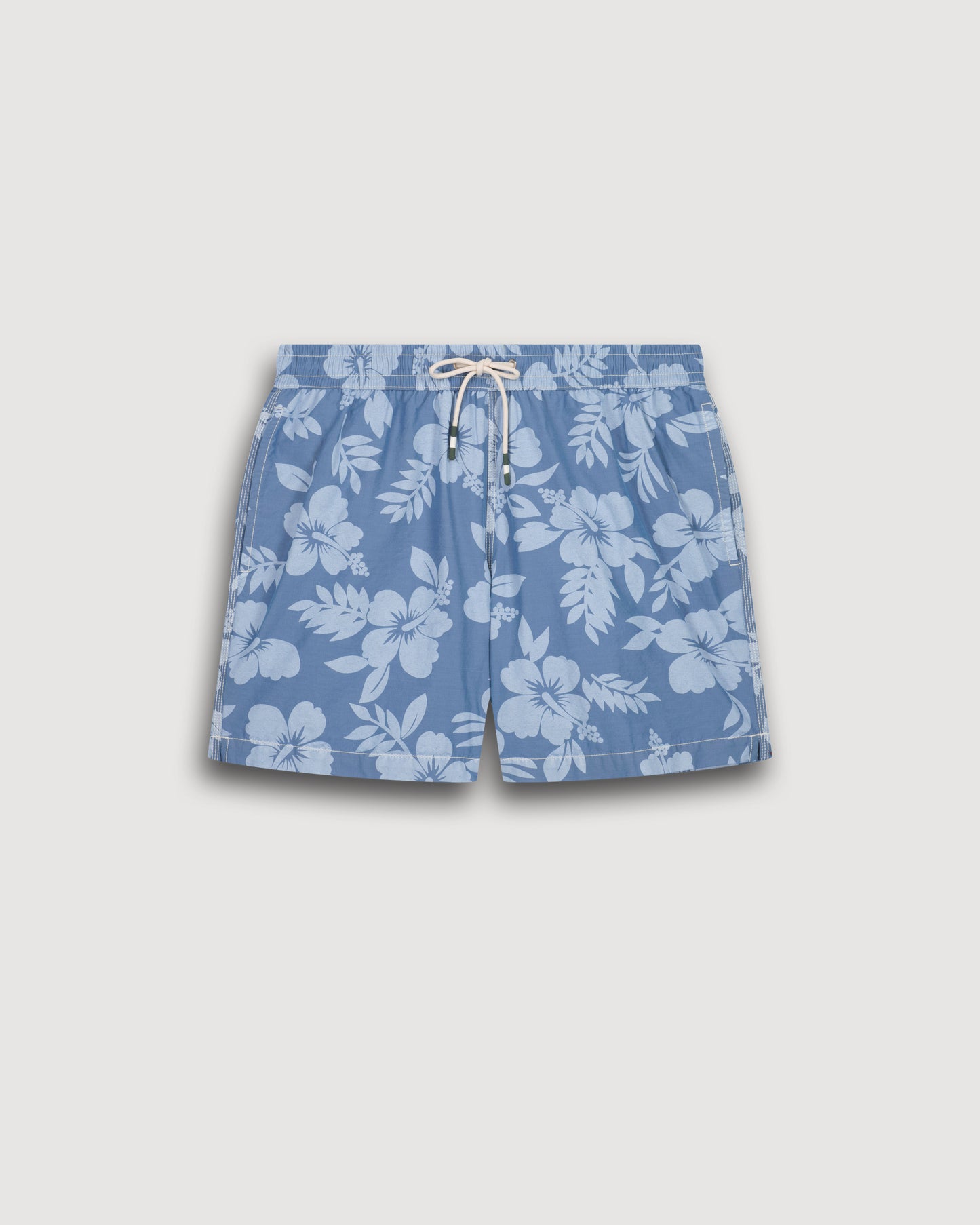 Men's Denim Blue Hibiscus Printed Swim Trunks