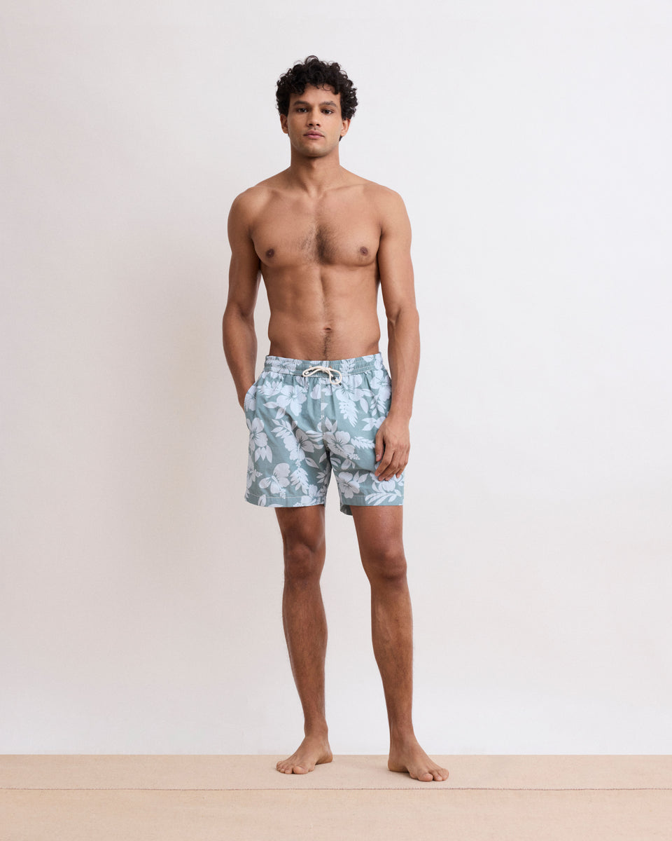 Men's Celadon Green Hibiscus Printed Swim Trunks - Image principale