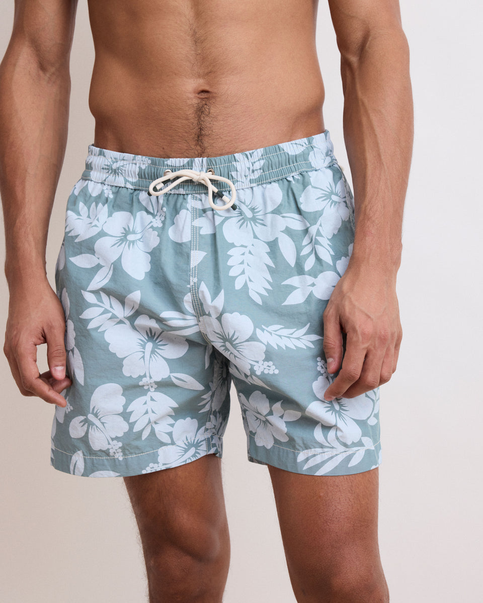 Men's Celadon Green Hibiscus Printed Swim Trunks - Image alternative