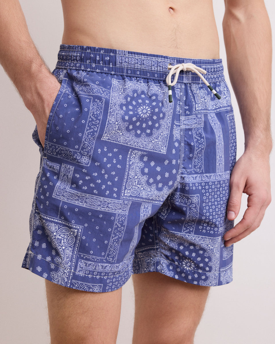 Men's Indigo Blue Bandana Printed Swim Trunks - Image alternative