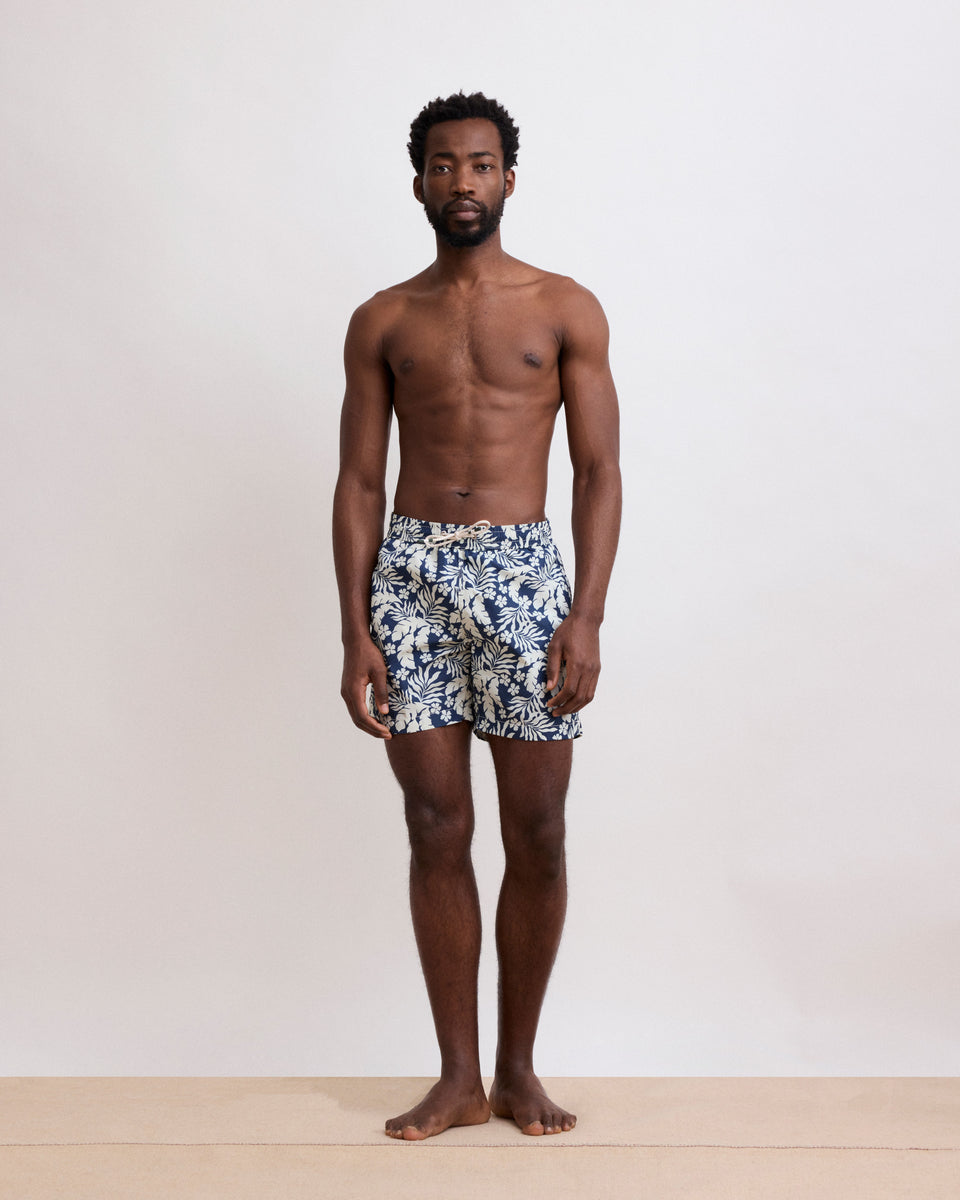 Men's Deep Blue Navy Hawaii Printed Swim Trunks - Image principale