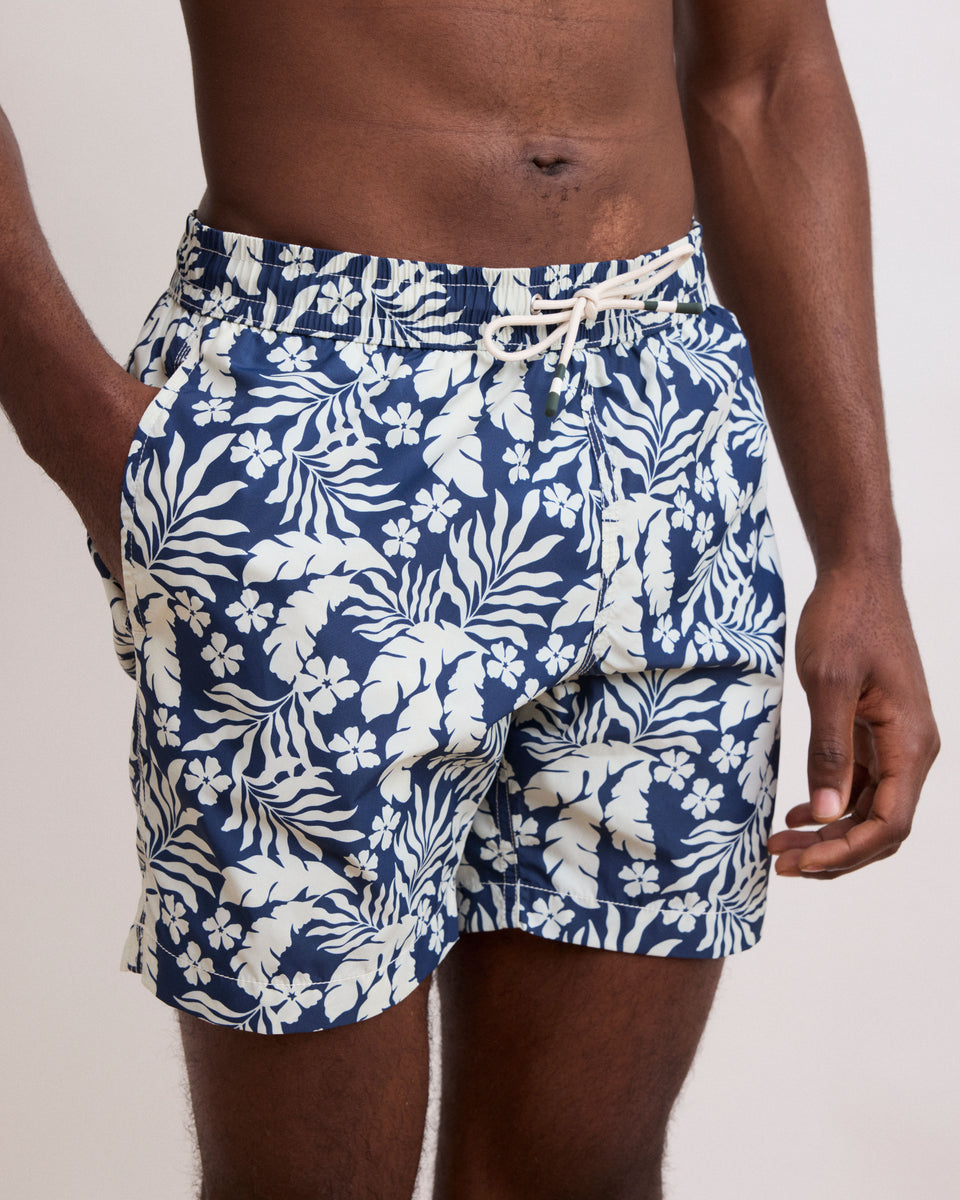 Men's Deep Blue Navy Hawaii Printed Swim Trunks - Image alternative