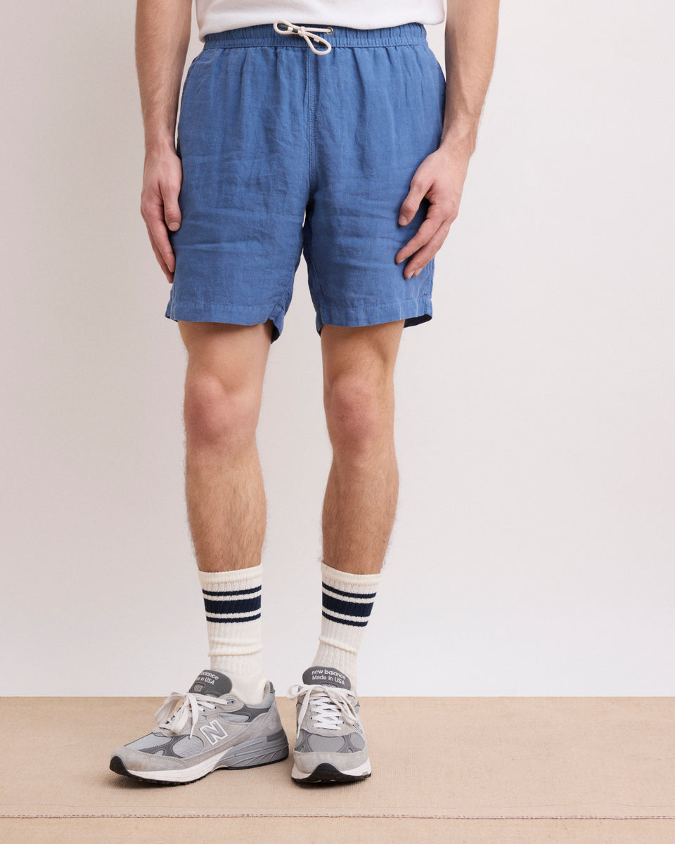 Men's Denim Blue Linen Long Swim Trunks - Image alternative