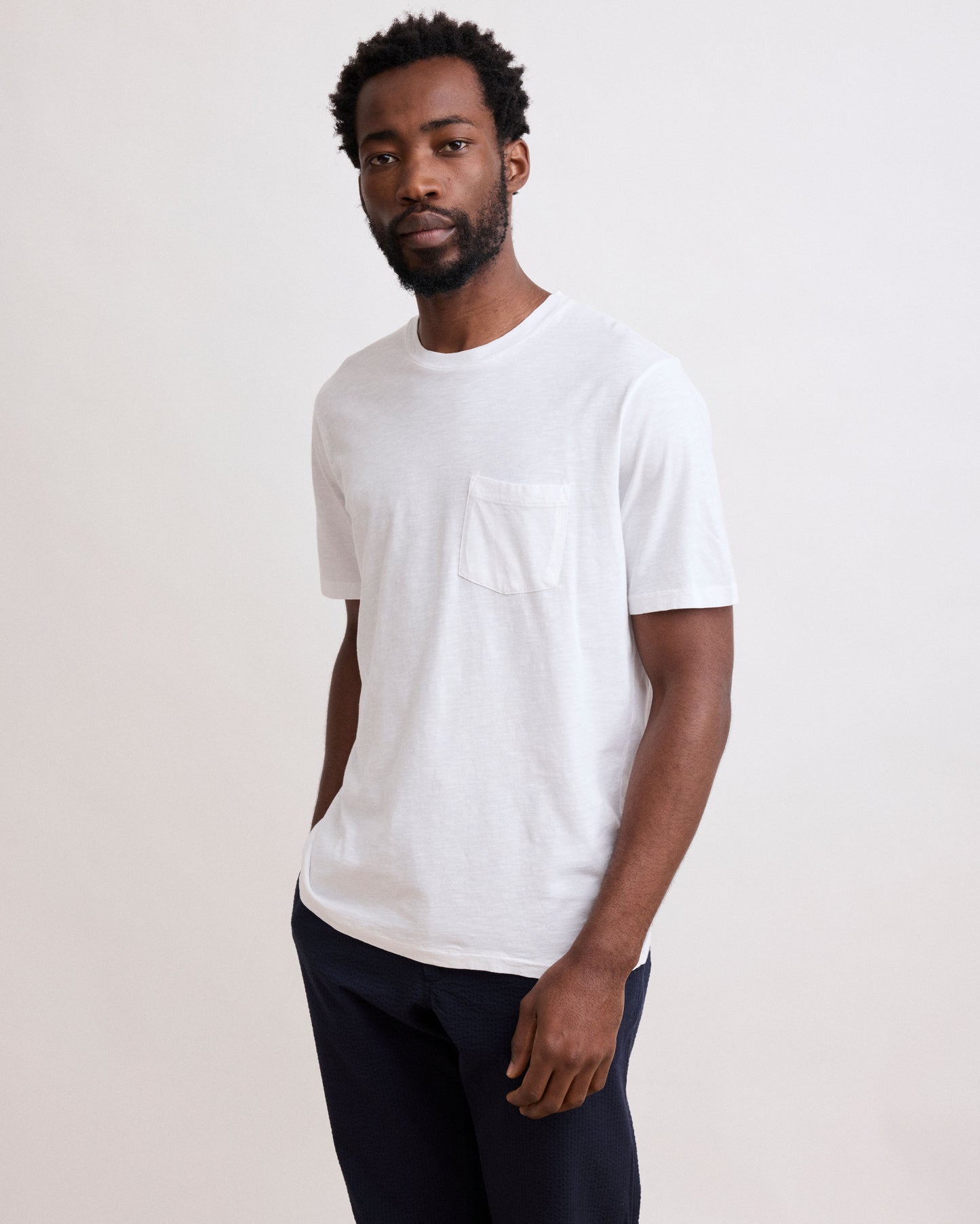 Tee Shirt Homme en Coton Slub Blanc Pocket