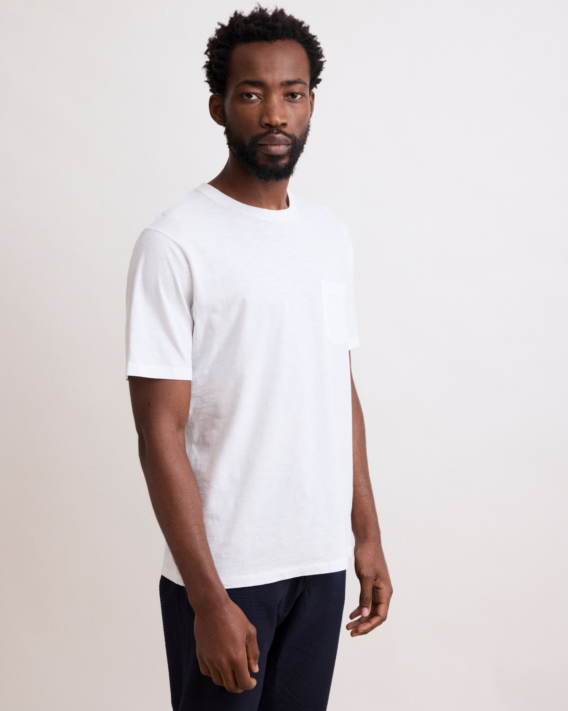 Tee Shirt Homme en Coton Slub Blanc Pocket