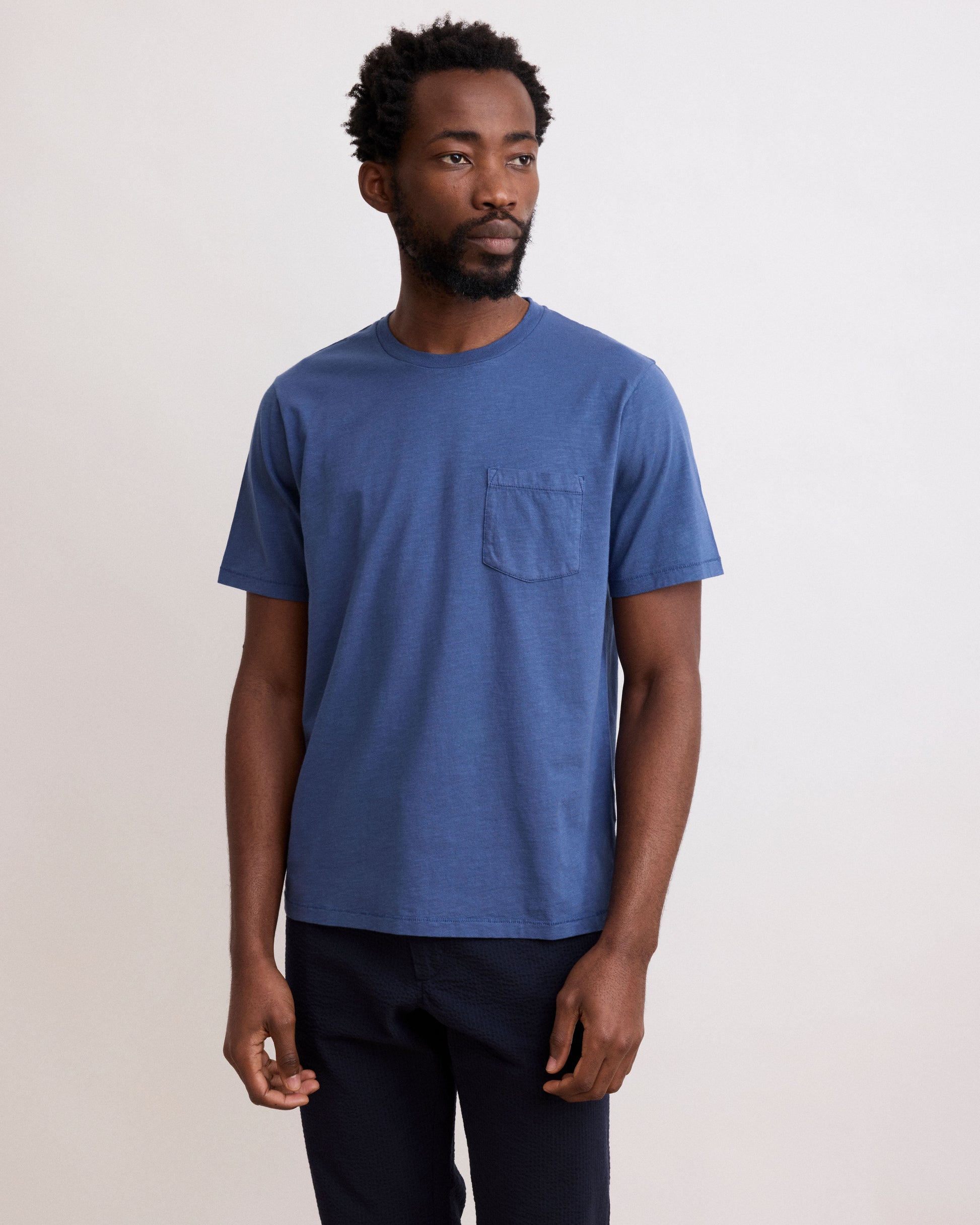 Tee Shirt Homme en Coton Slub Bleu Cobalt Pocket