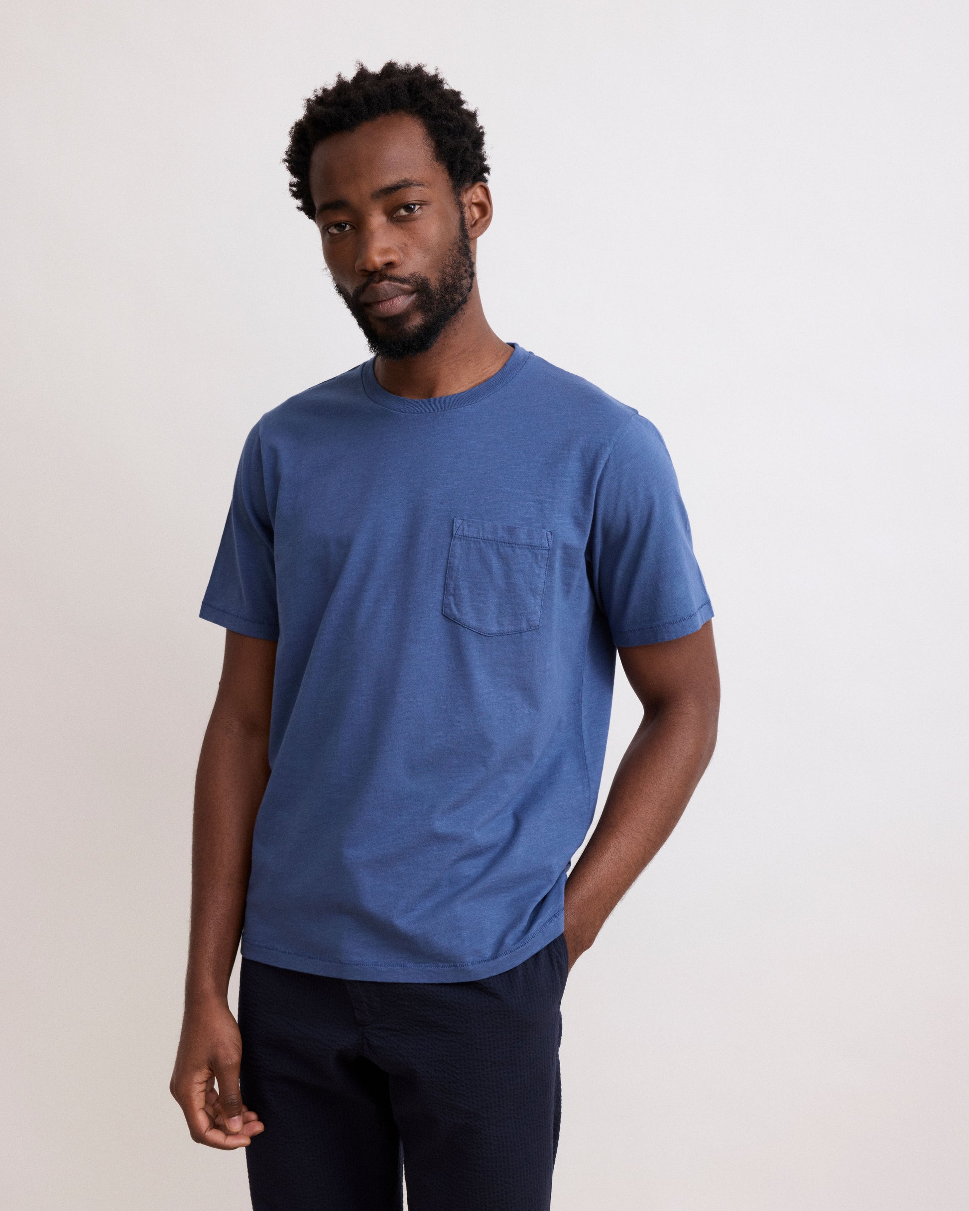 Tee Shirt Homme en Coton Slub Bleu Cobalt Pocket