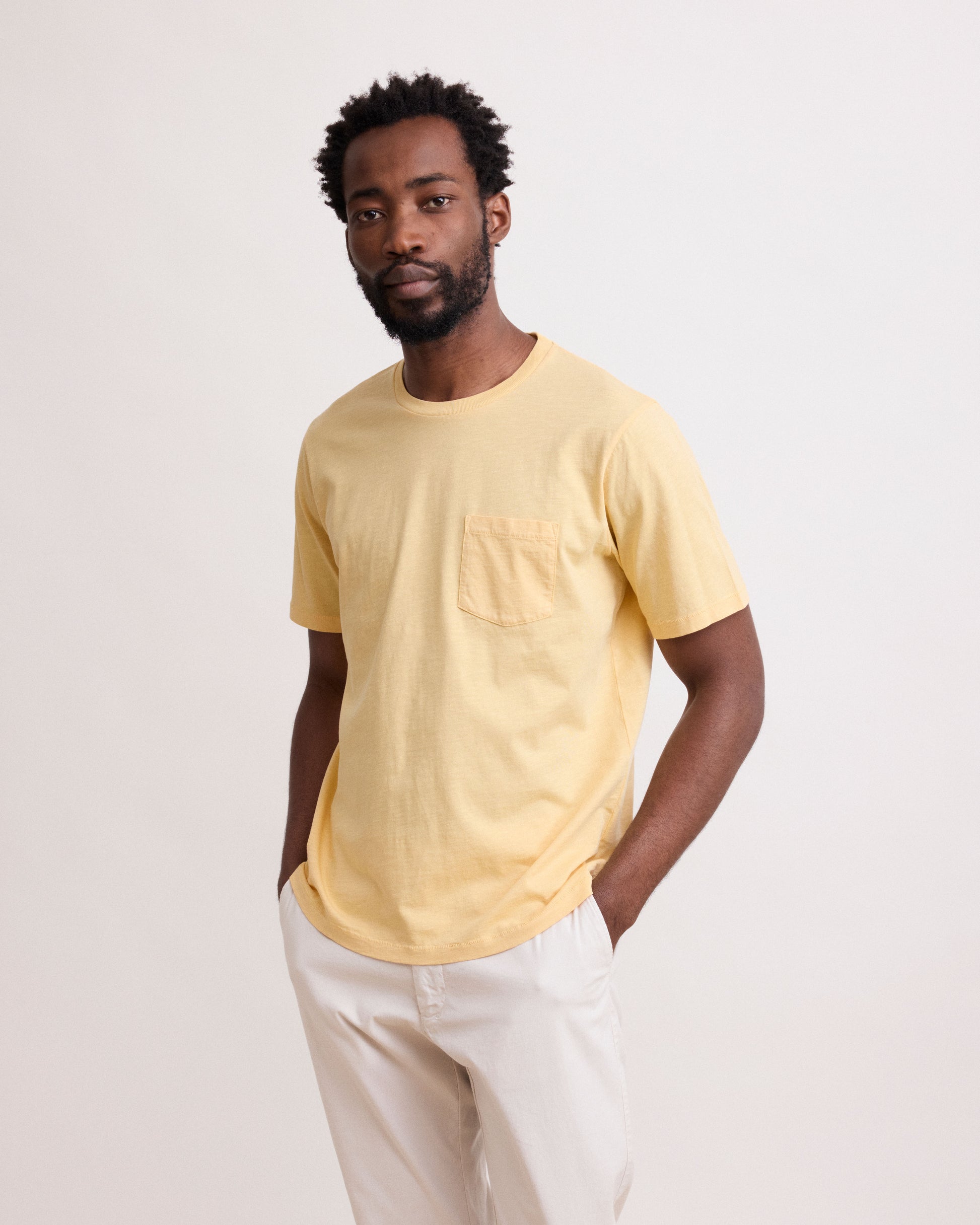 Tee Shirt Homme en Coton Slub Jaune Pocket