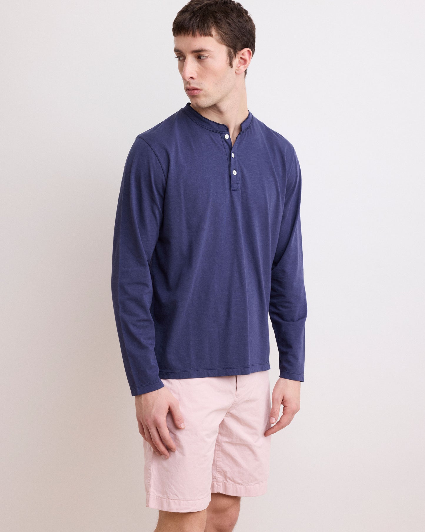 Tee Shirt Homme en Coton Slub Bleu Marine Henley