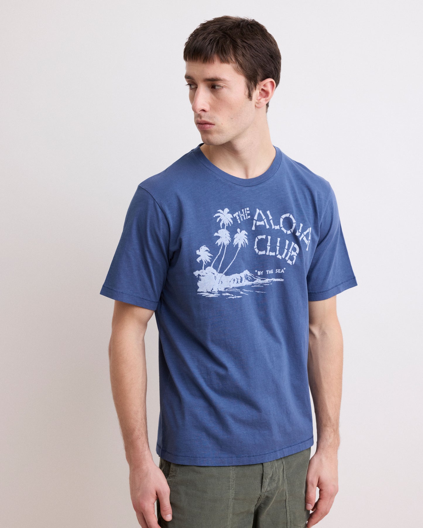 Tee Shirt Homme en Coton Slub Imprimé "Aloha" Bleu Cobalt