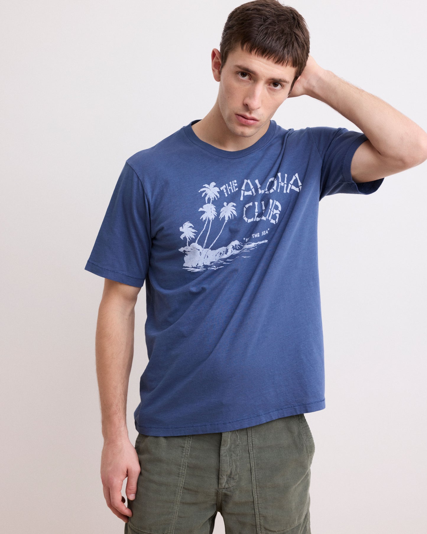 Tee Shirt Homme en Coton Slub Imprimé "Aloha" Bleu Cobalt