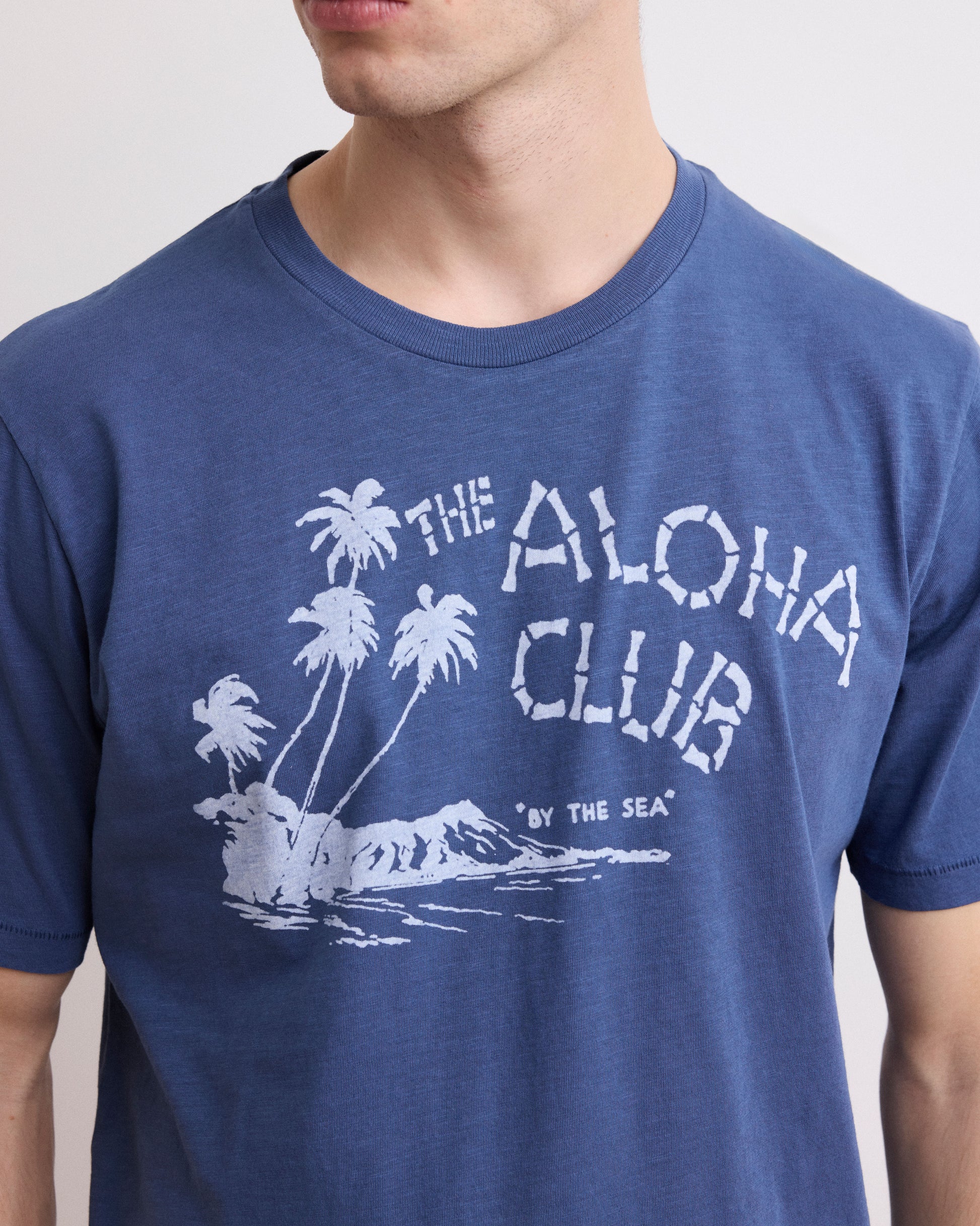 Tee Shirt Homme en Coton Slub Imprimé "Aloha" Bleu Cobalt