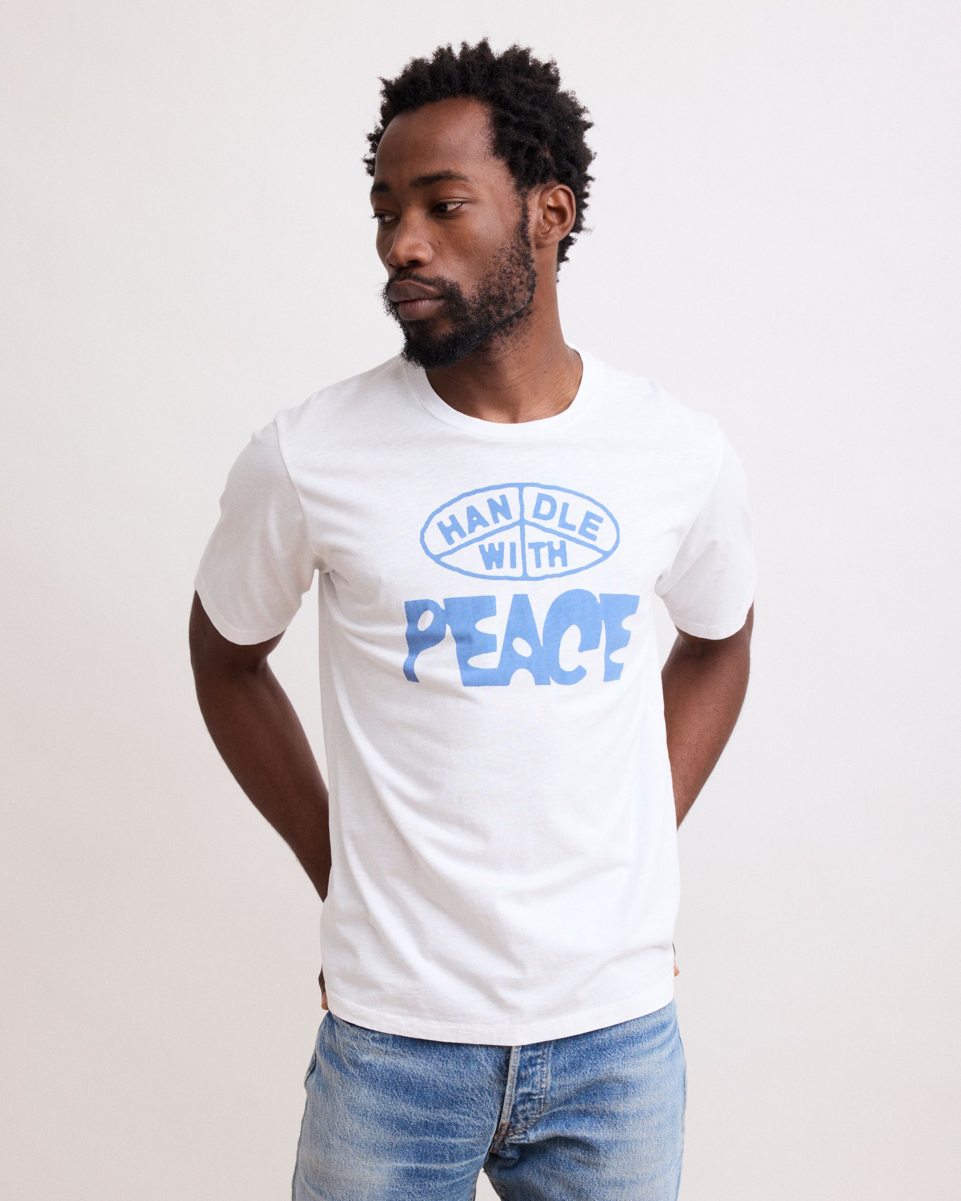 Tee Shirt Homme en Coton Slub Imprimé "Peace" Blanc