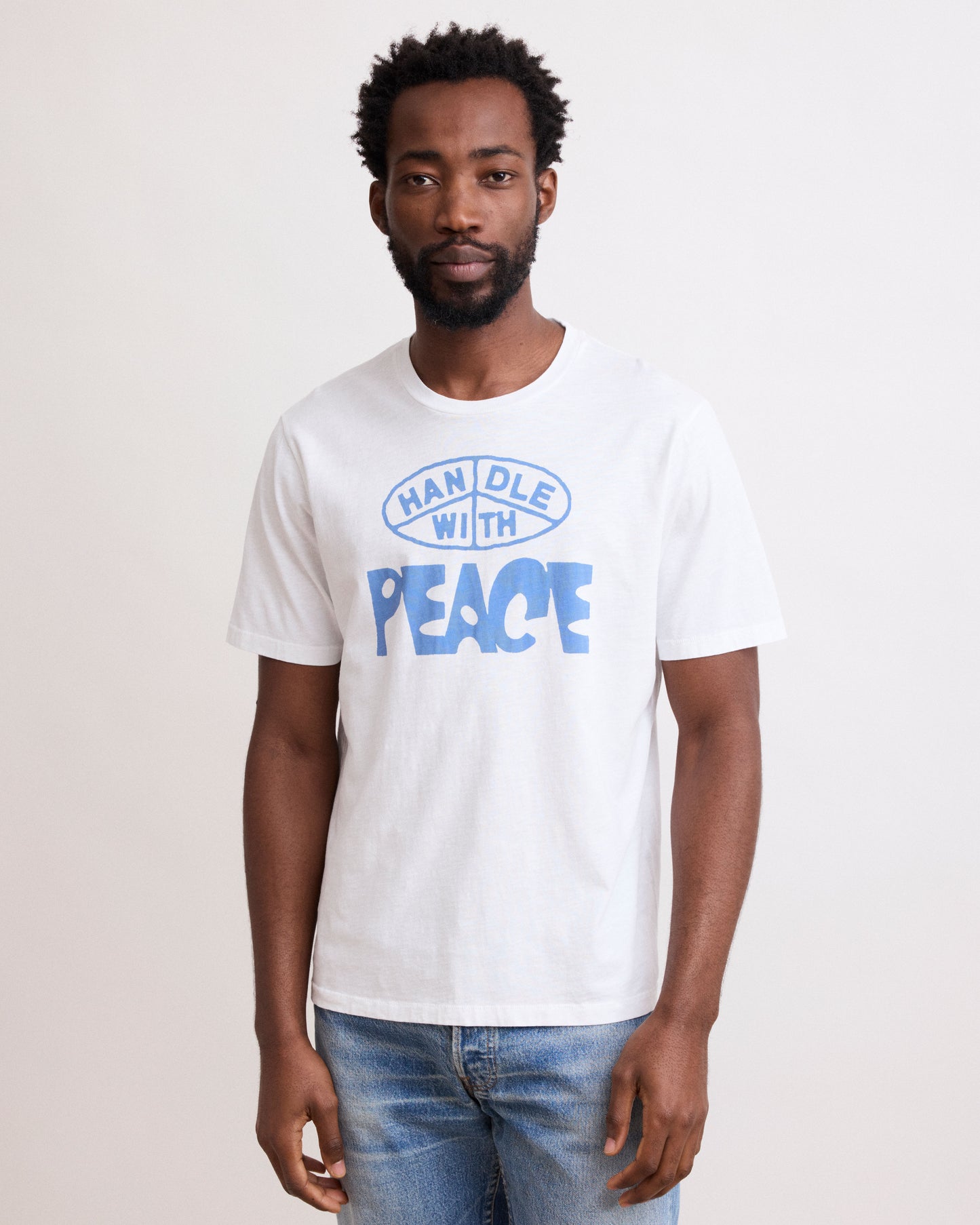 Tee Shirt Homme en Coton Slub Imprimé "Peace" Blanc