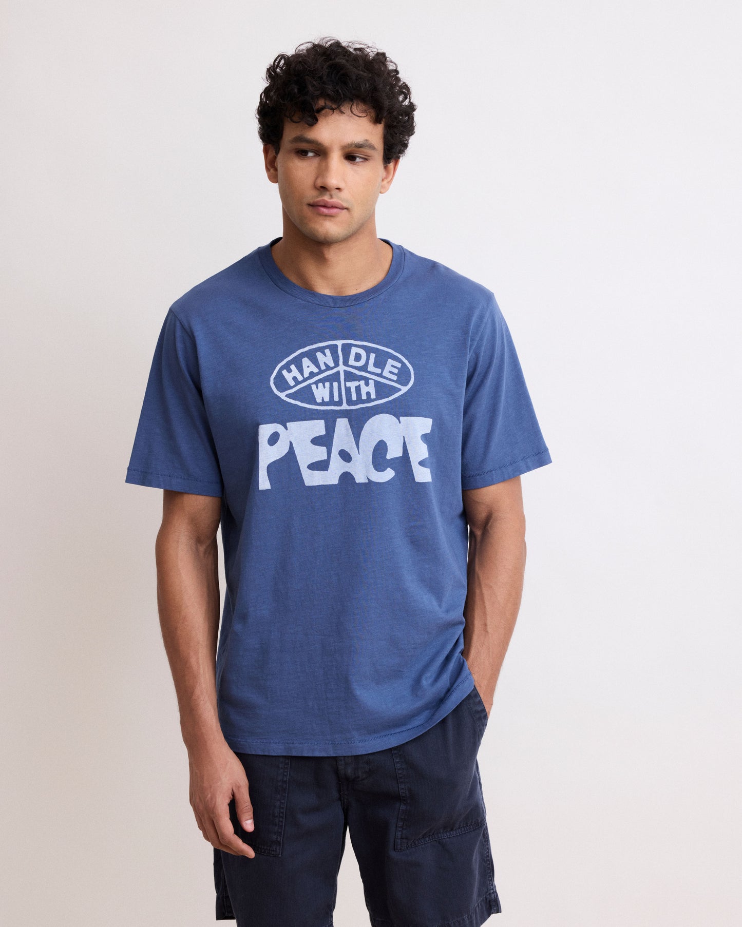 Tee Shirt Homme en Coton Slub Imprimé "Peace" Bleu Cobalt