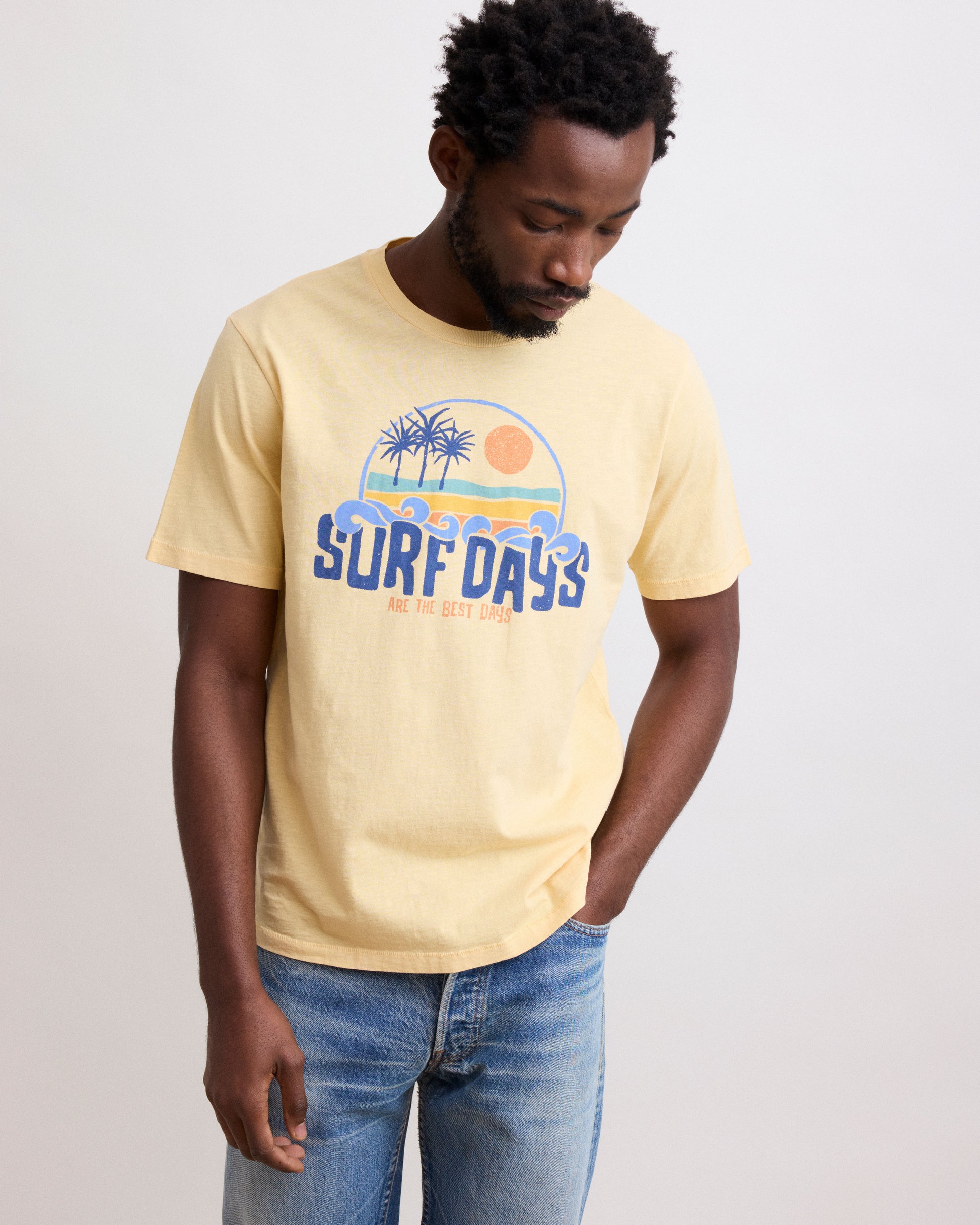 Tee Shirt Homme en Coton Slub Imprimé "Surf Days" Jaune