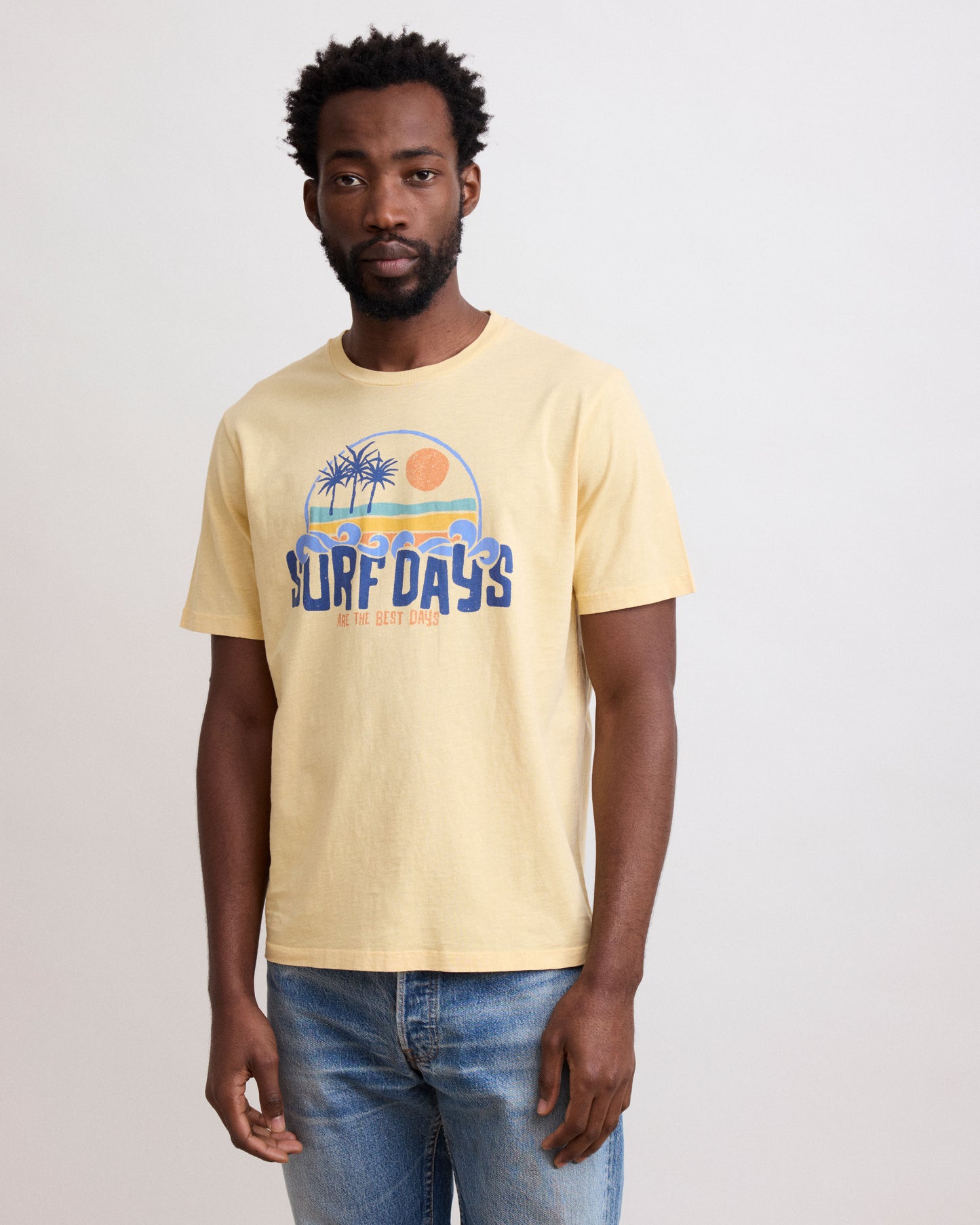 Tee Shirt Homme en Coton Slub Imprimé "Surf Days" Jaune