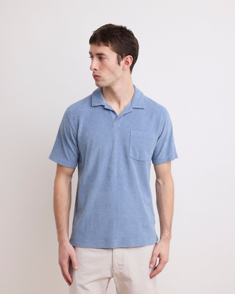 Men's Blue Denim Terry Polo Shirt - Image principale