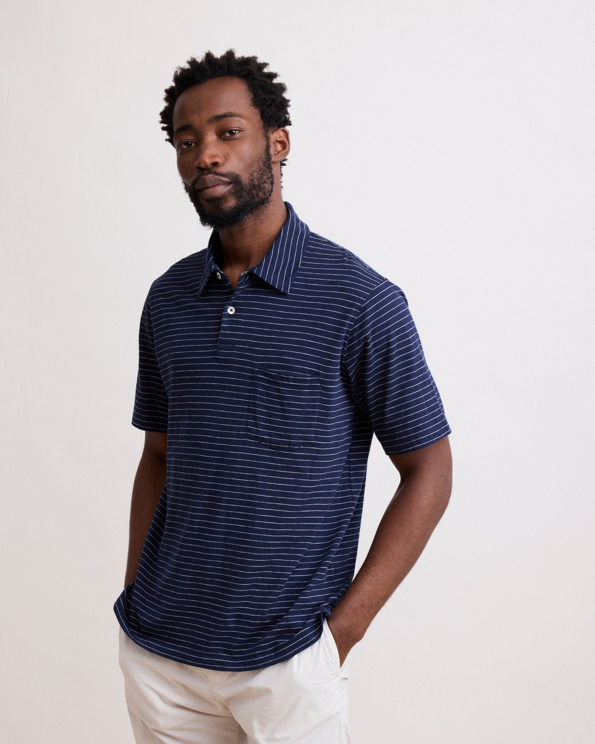 Polo Homme en Coton Slub Rayé Bleu Marine & Ecru