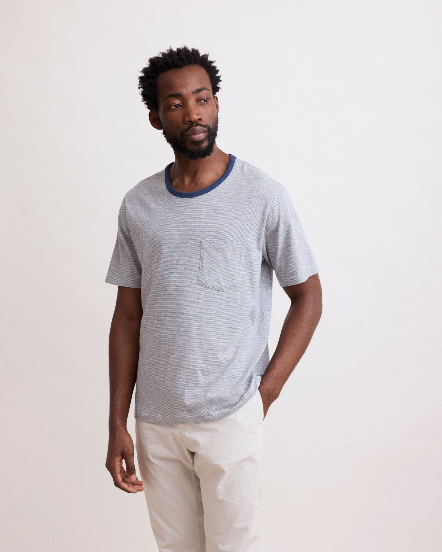 Tee Shirt Homme rayé en Coton Slub Marine & Ecru