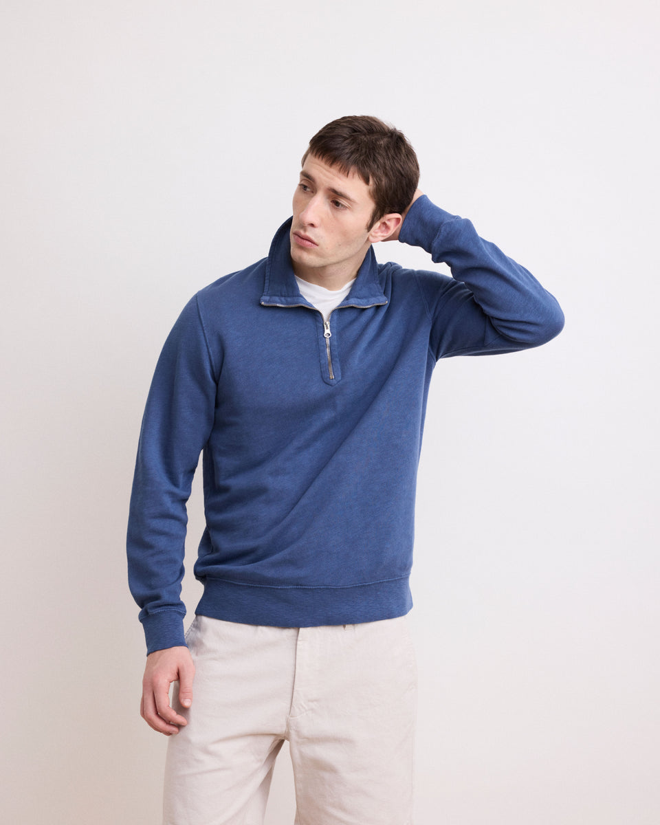 Zipper Men's Cobalt Blue Slub Cotton Sweatshirt - Image principale