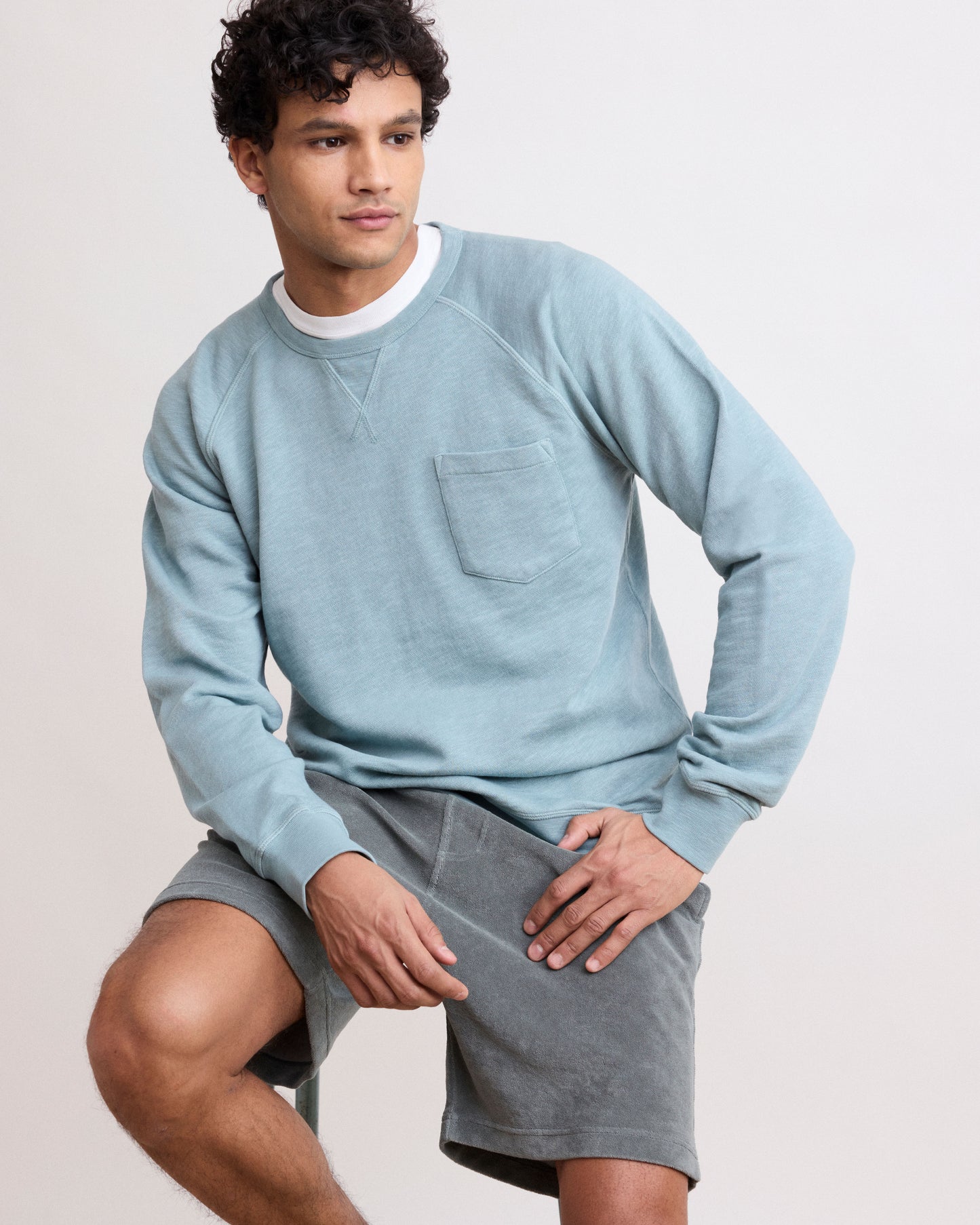 Sweatshirt Homme en Coton Flammé Vert Celadon Pocket