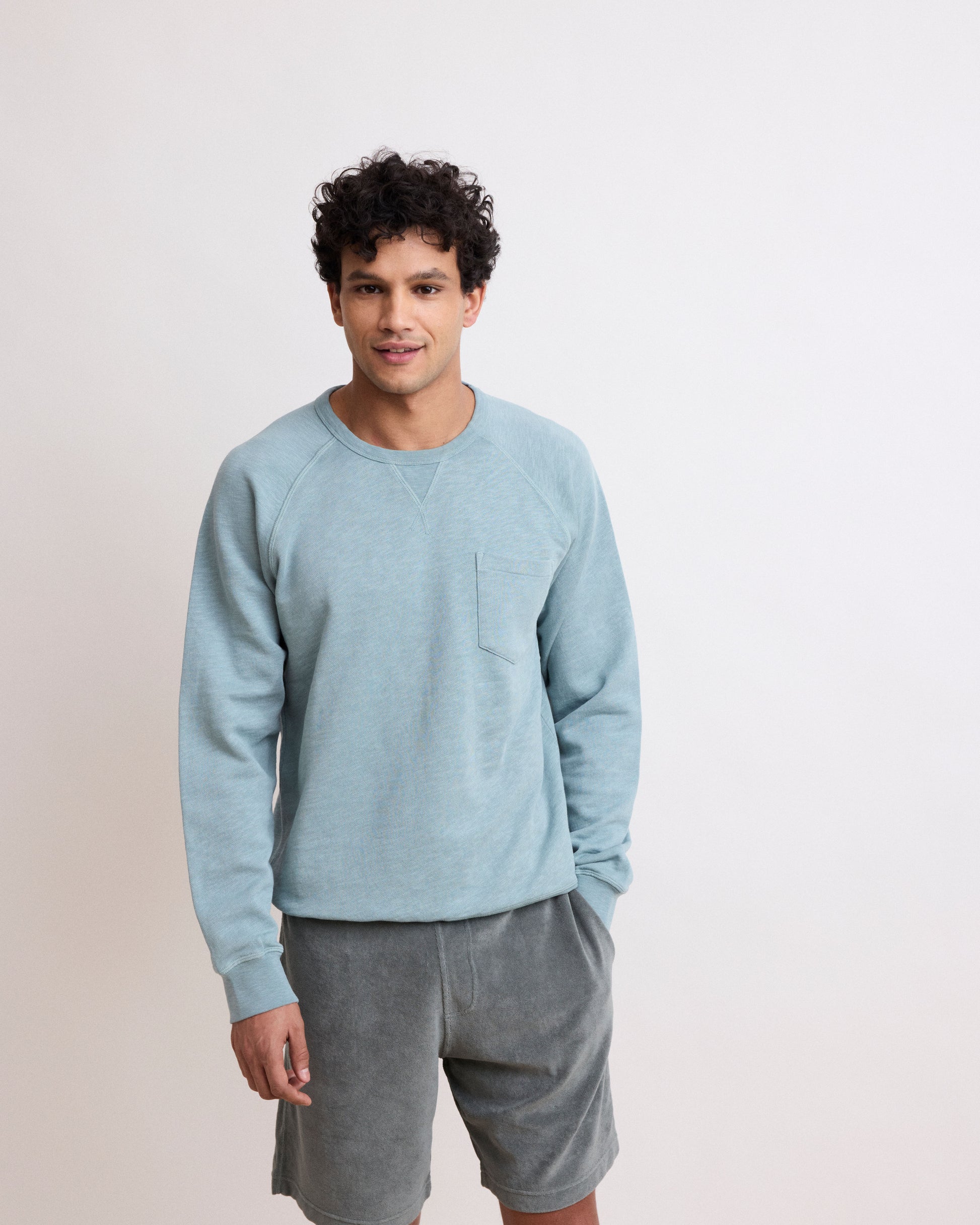 Sweatshirt Homme en Coton Flammé Vert Celadon Pocket