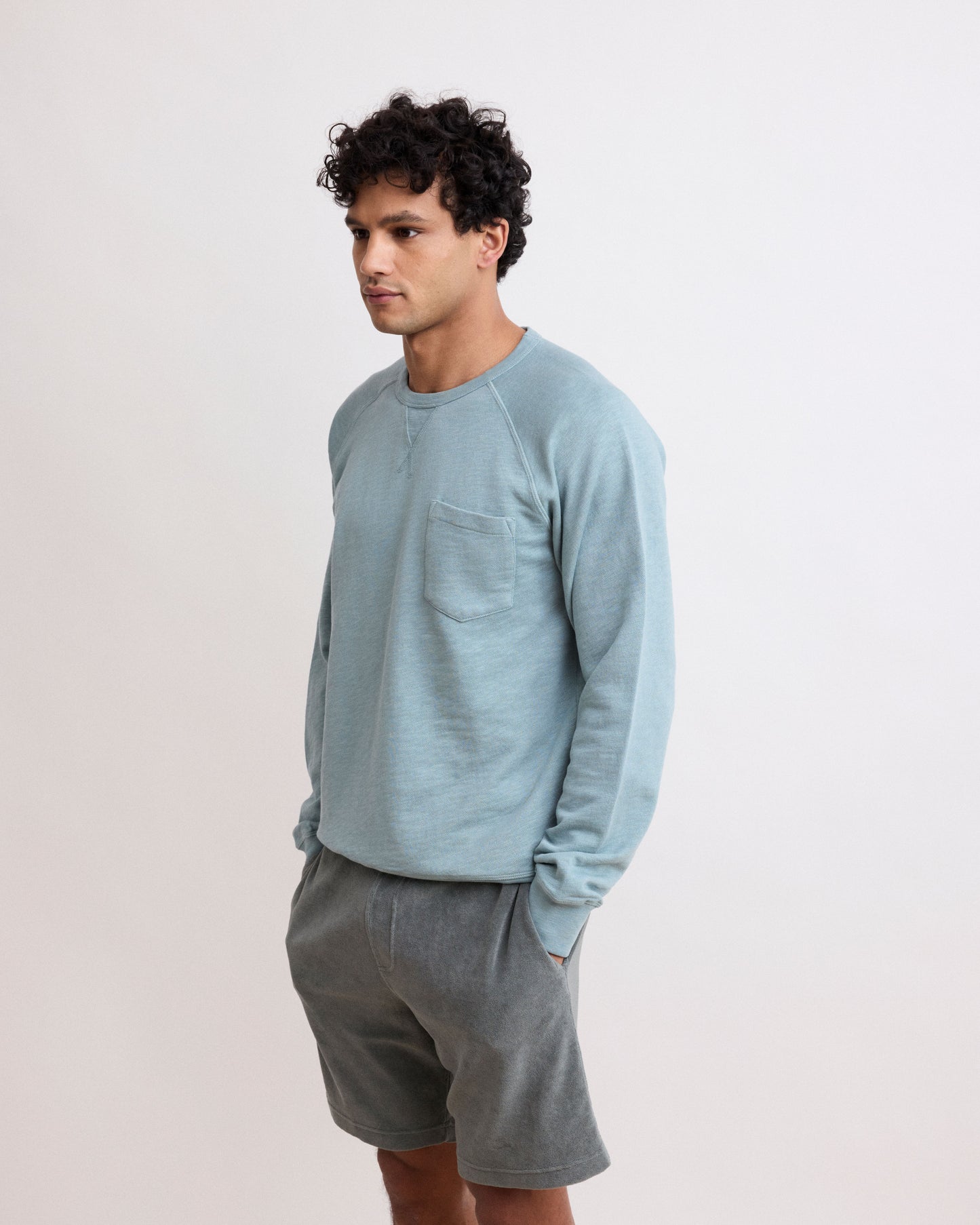 Sweatshirt Homme en Coton Flammé Vert Celadon Pocket