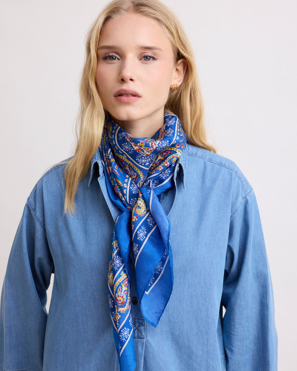 Women's Blue Printed “Cashmere” Silk Bandana - Image principale