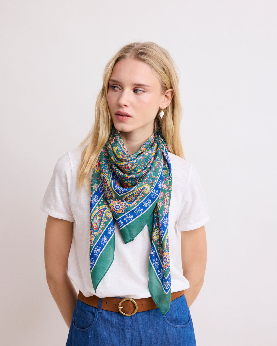 Women's Green Printed “Cashmere” Silk Bandana - Image principale