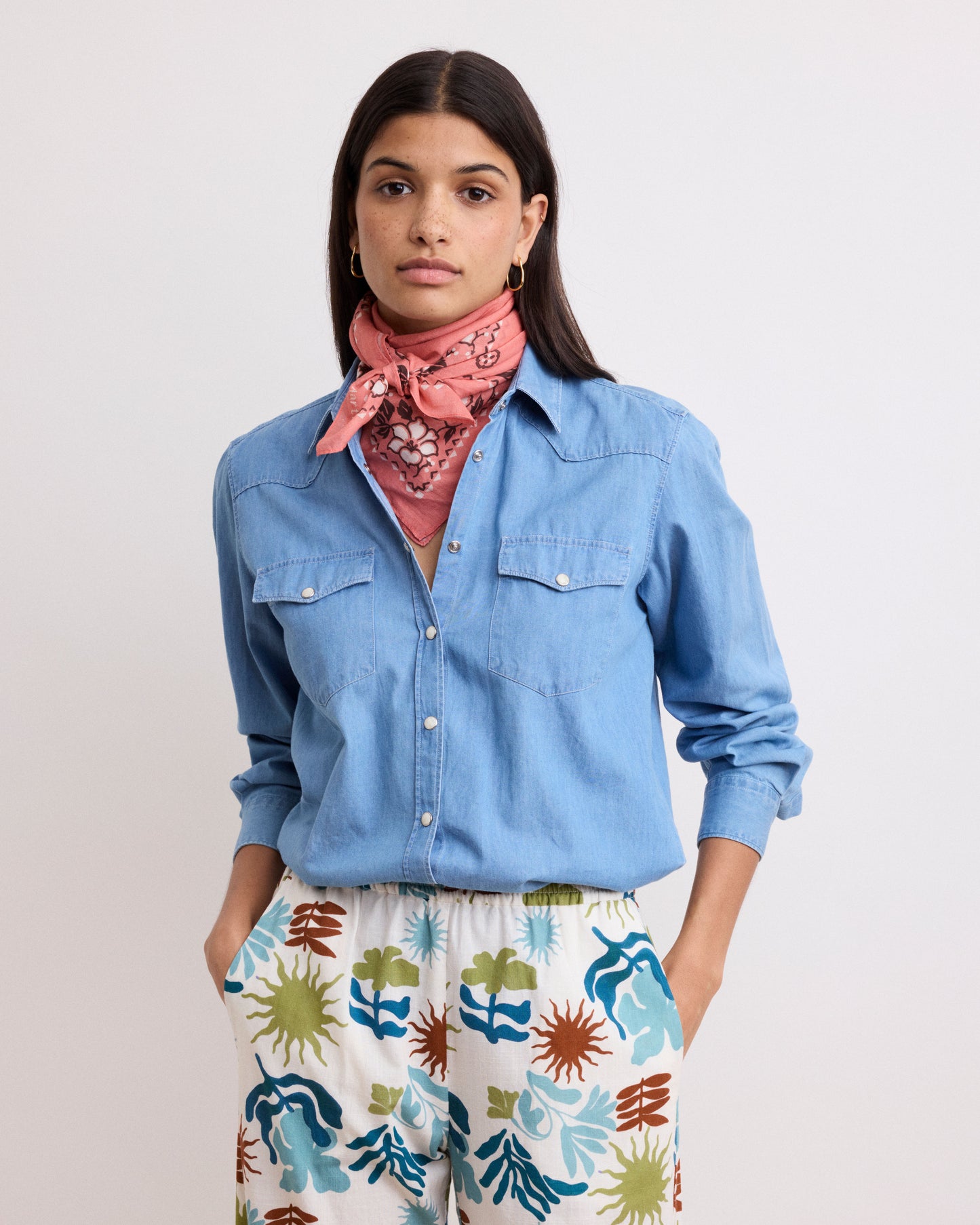 Bandana Femme en Voile de Coton Imprimé Pêche Hibiscus