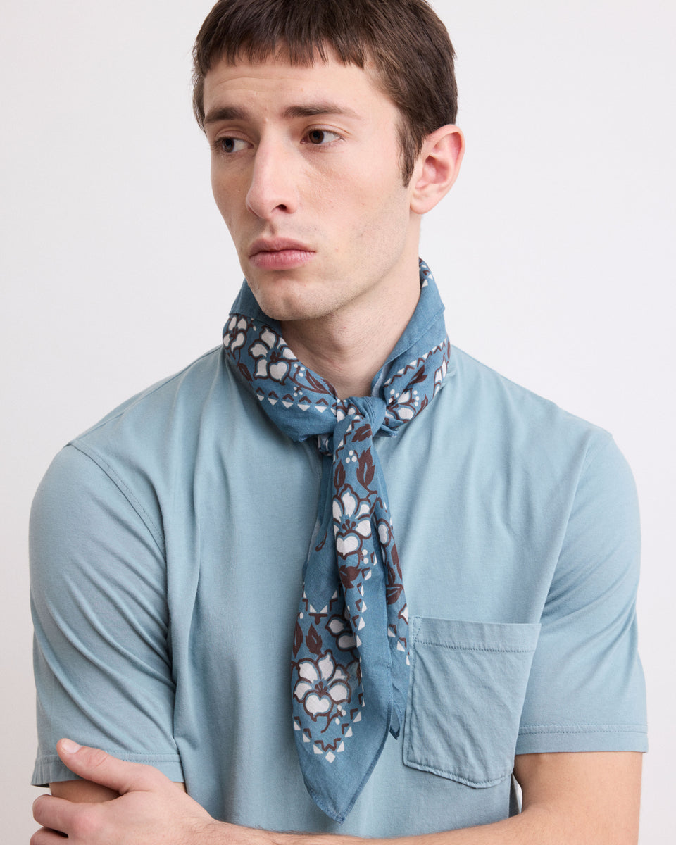 Men's Denim Blue “Hibiscus” Printed Cotton Scarf - Image alternative