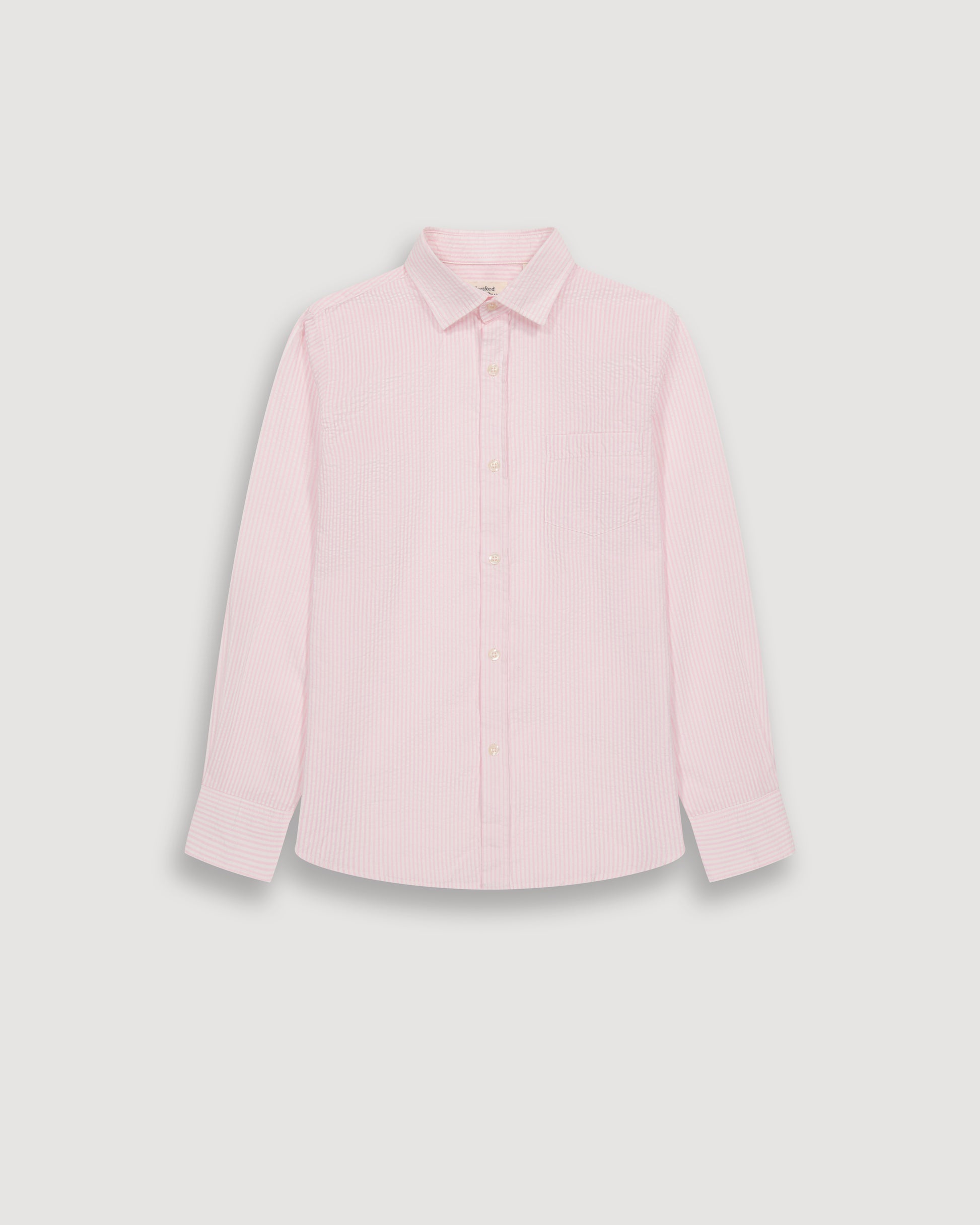 Chemise Garçon en Seersucker Rayé Rose & Blanc Paul