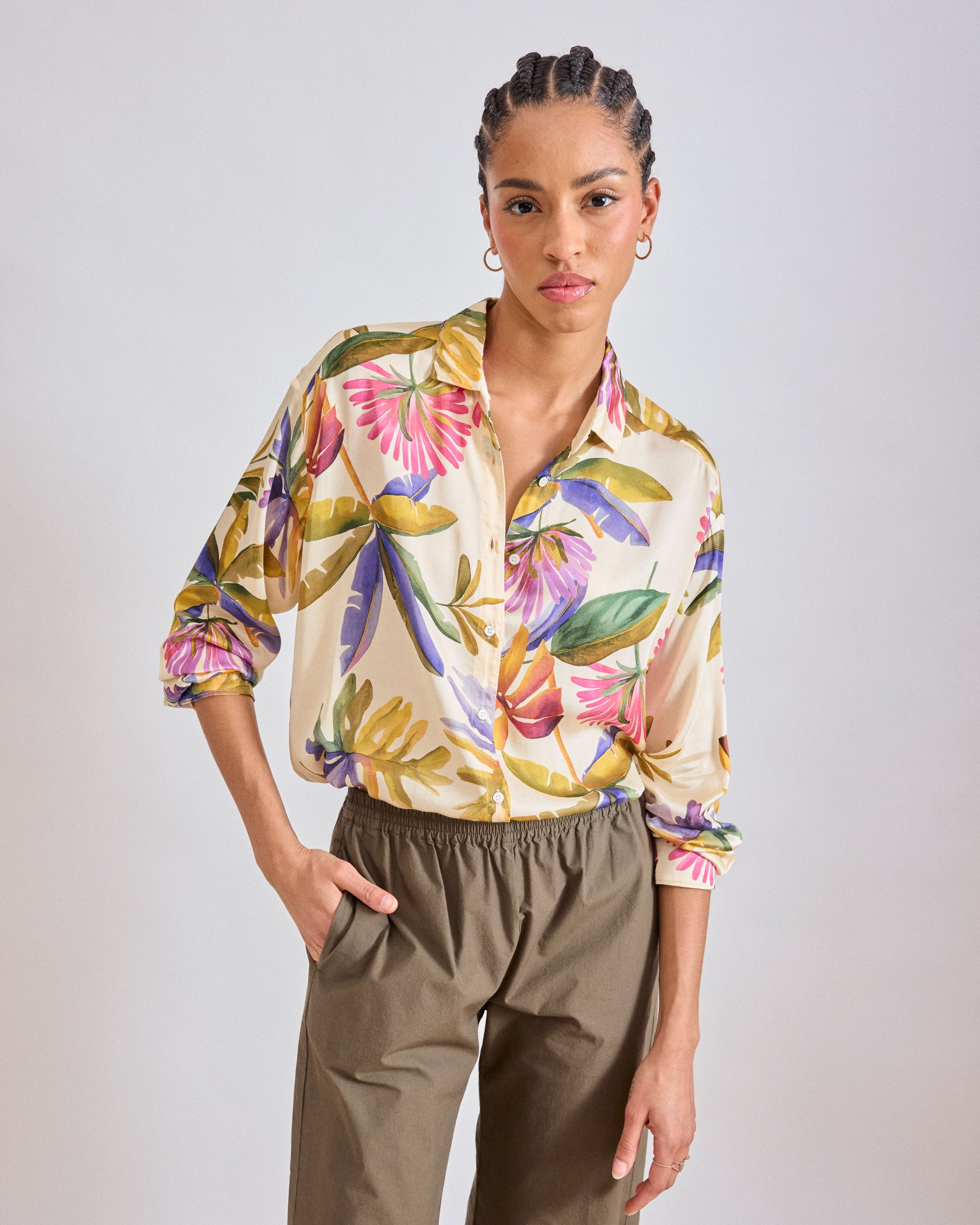 Chemise Femme en satin de viscose Imprimé Floral Multicolore