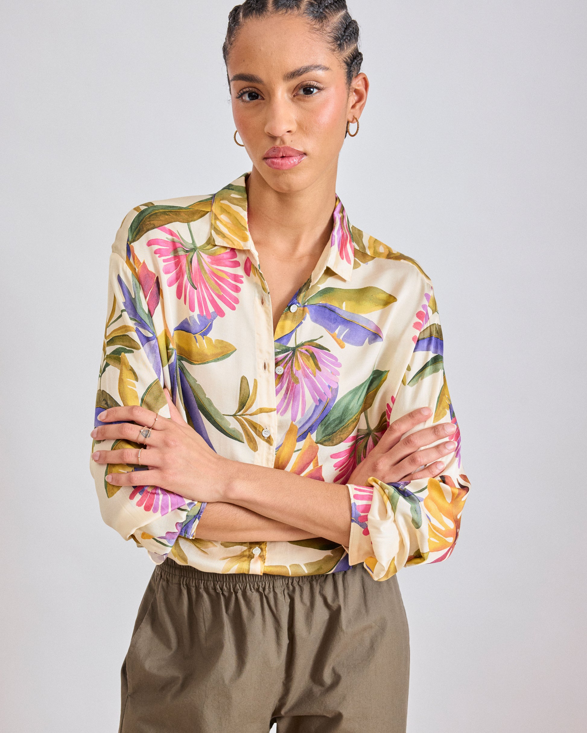 Chemise Femme en satin de viscose Imprimé Floral Multicolore