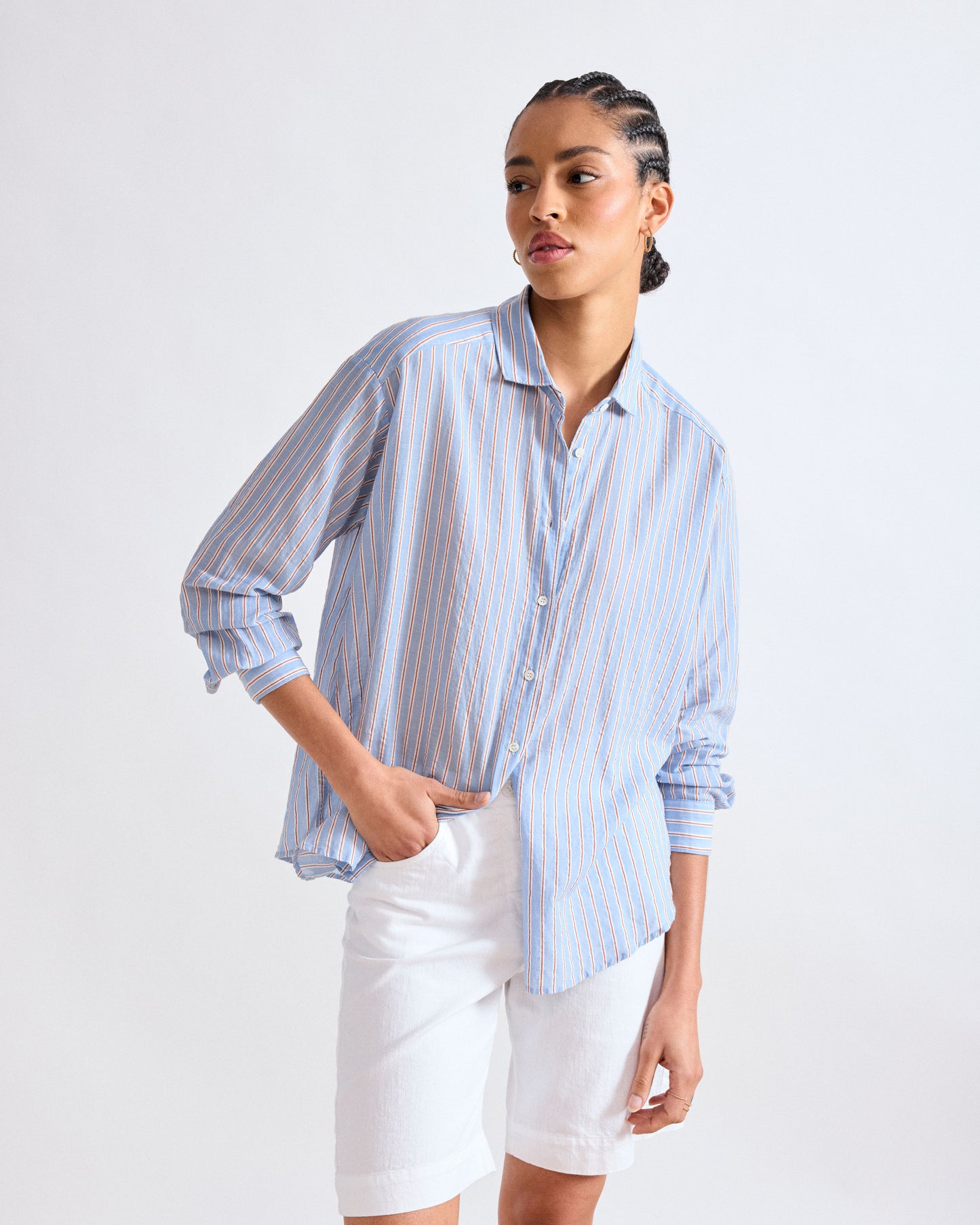 Chemise Femme en Voile de Coton Rayé Bleu Charlot