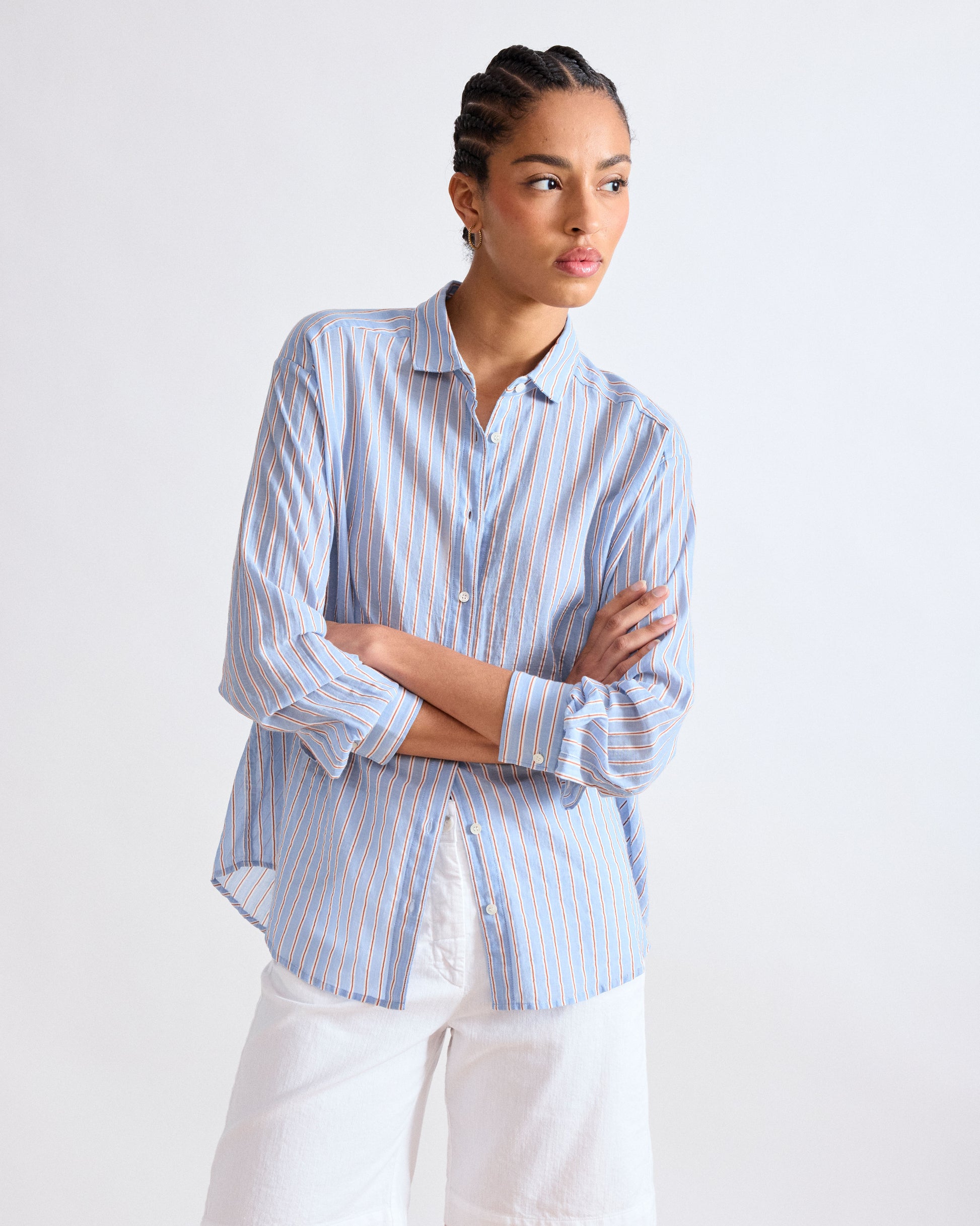 Chemise Femme en Voile de Coton Rayé Bleu Charlot