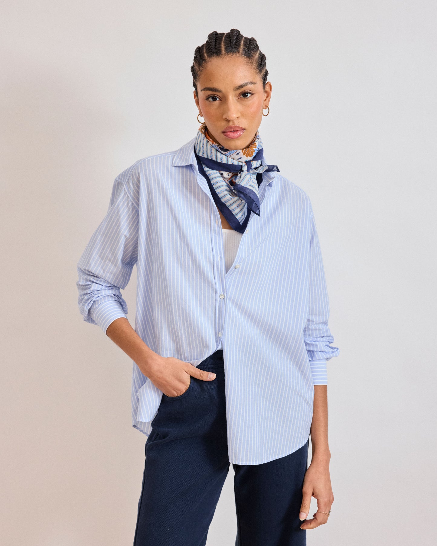 Chemise Femme en Popeline de coton rayée Bleu Charlot