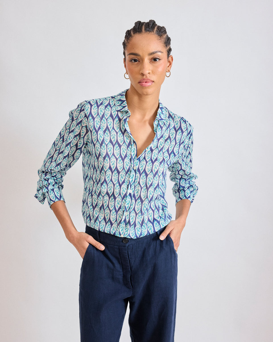 Corazon Women's Blue Leaves Printed Cotton Voile Shirt - Image principale