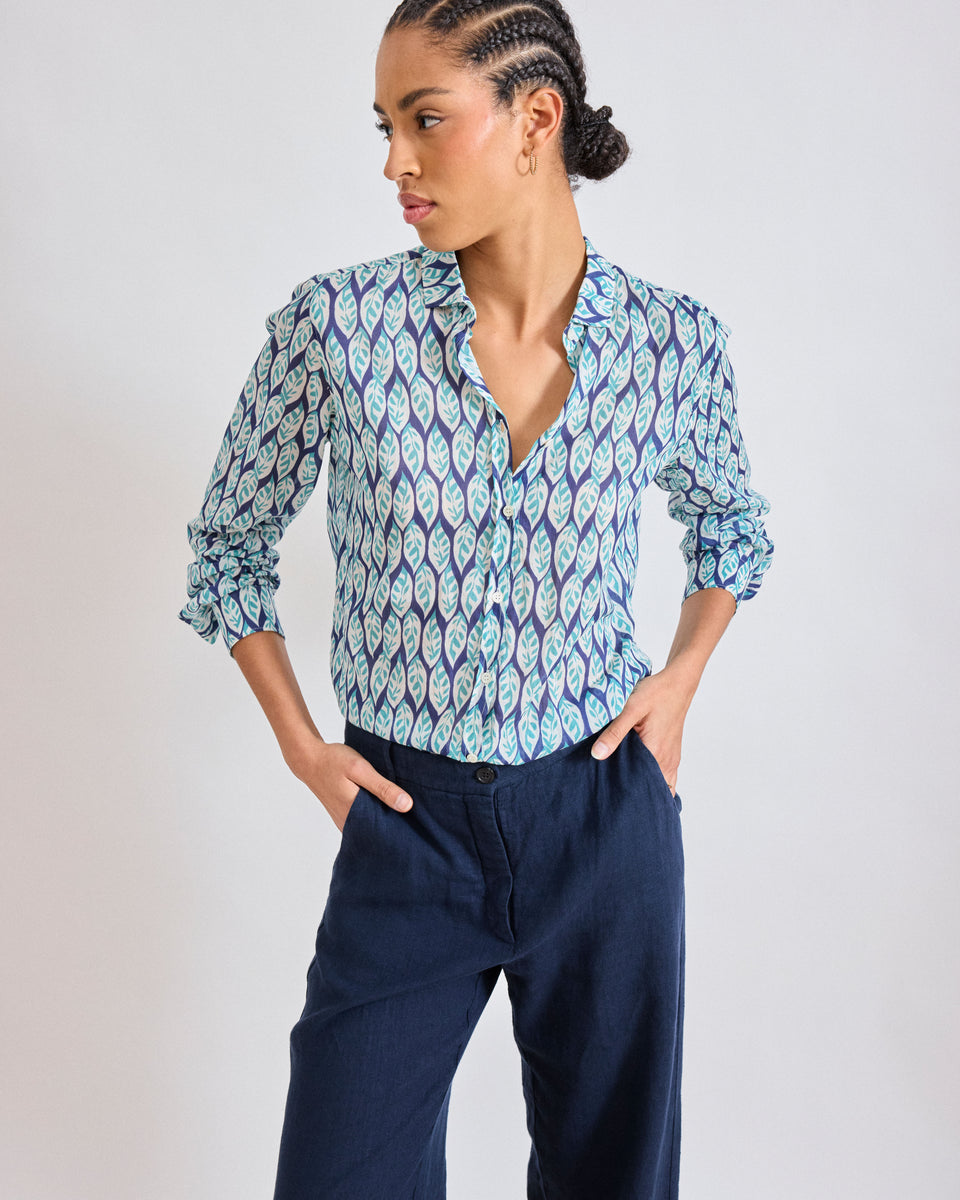 Corazon Women's Blue Leaves Printed Cotton Voile Shirt - Image alternative