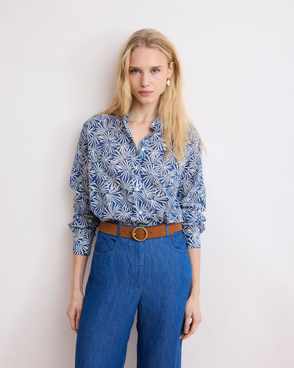 Cristal Women's Blue Anemones Printed Cotton Voile Shirt - Image principale