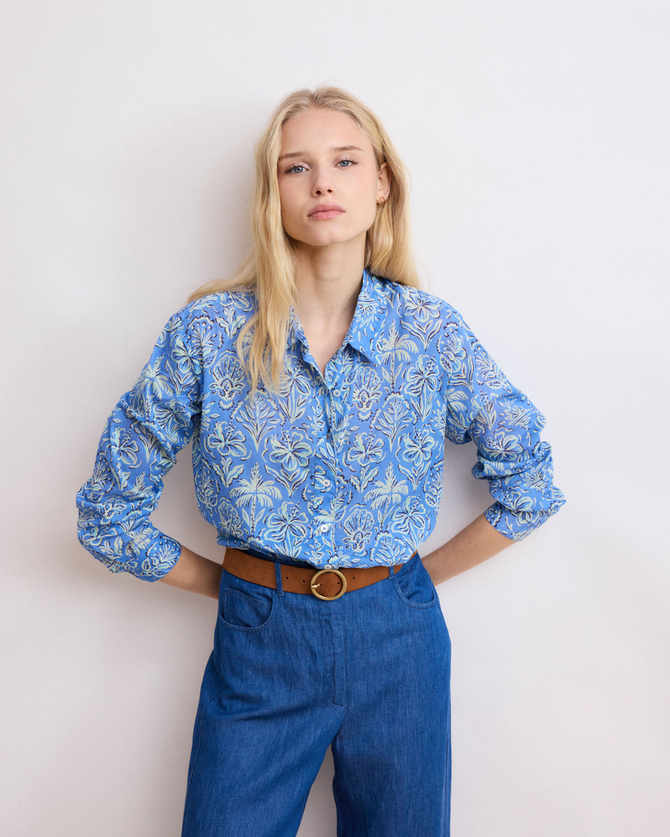 Caro Women's Blue Printed Cotton Voile Shirt - Image principale