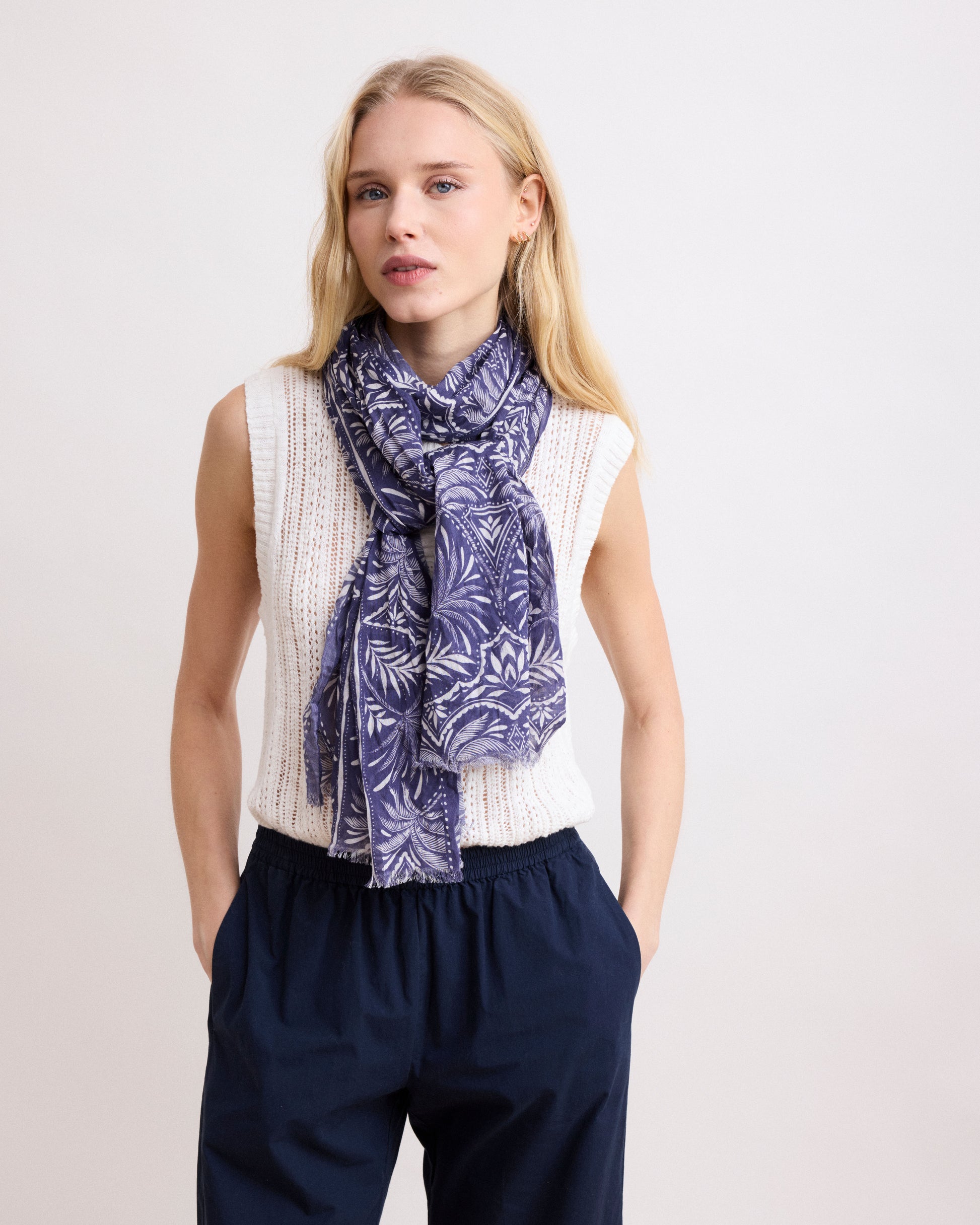 Foulard Femme en Voile de Coton Bleu 'Palmiers'