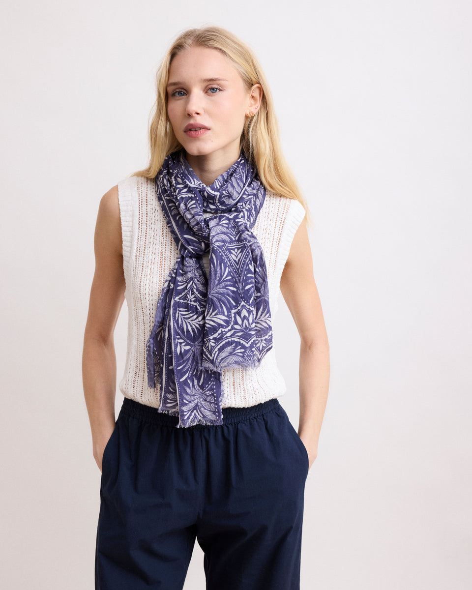 Foulard Femme en Voile de Coton Bleu 'Palmiers' - Image principale