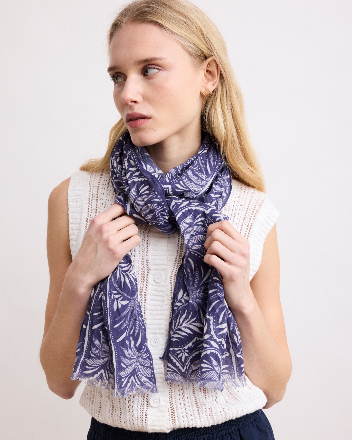 Foulard Femme en Voile de Coton Bleu 'Palmiers'