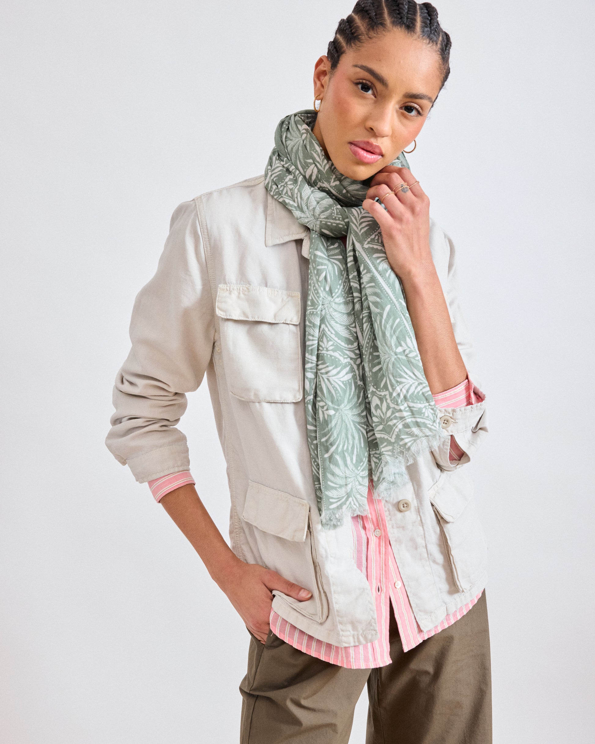 Foulard Femme en Voile de Coton Vert 'Palmiers'