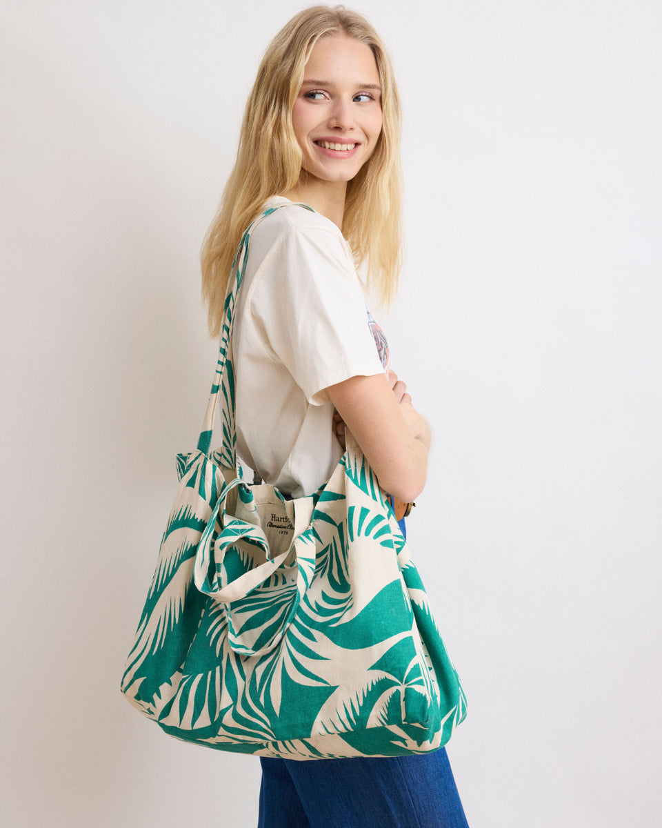 Women's Green Palm Printed Cotton Bag - Image principale